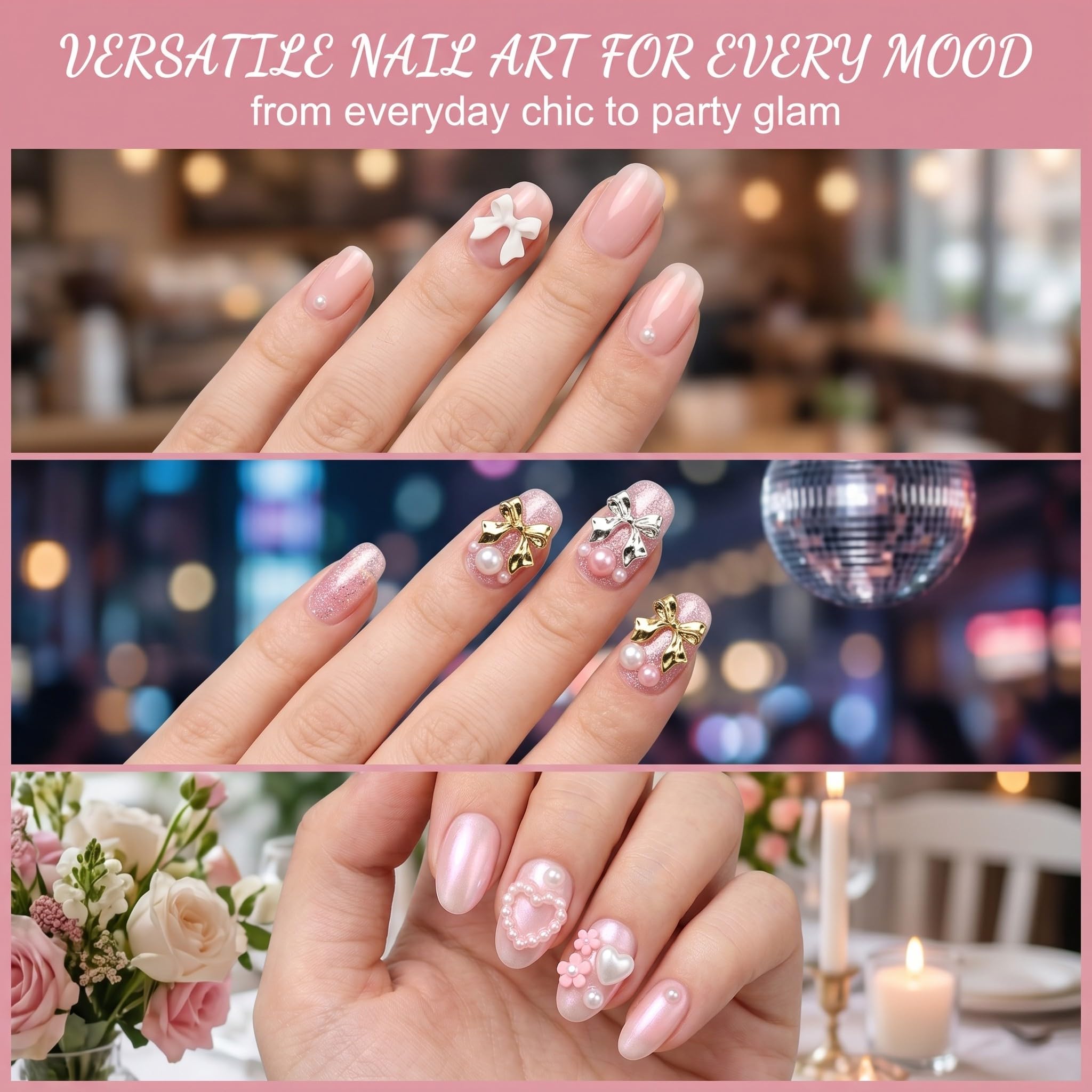 1 boîte de pendentifs pour ongles avec nœud blanc, rose, noir, nœud 3D, mignon, dos plat, nœud papillon, deco ongle nail art, strass pour ongles, loisirs créatifs