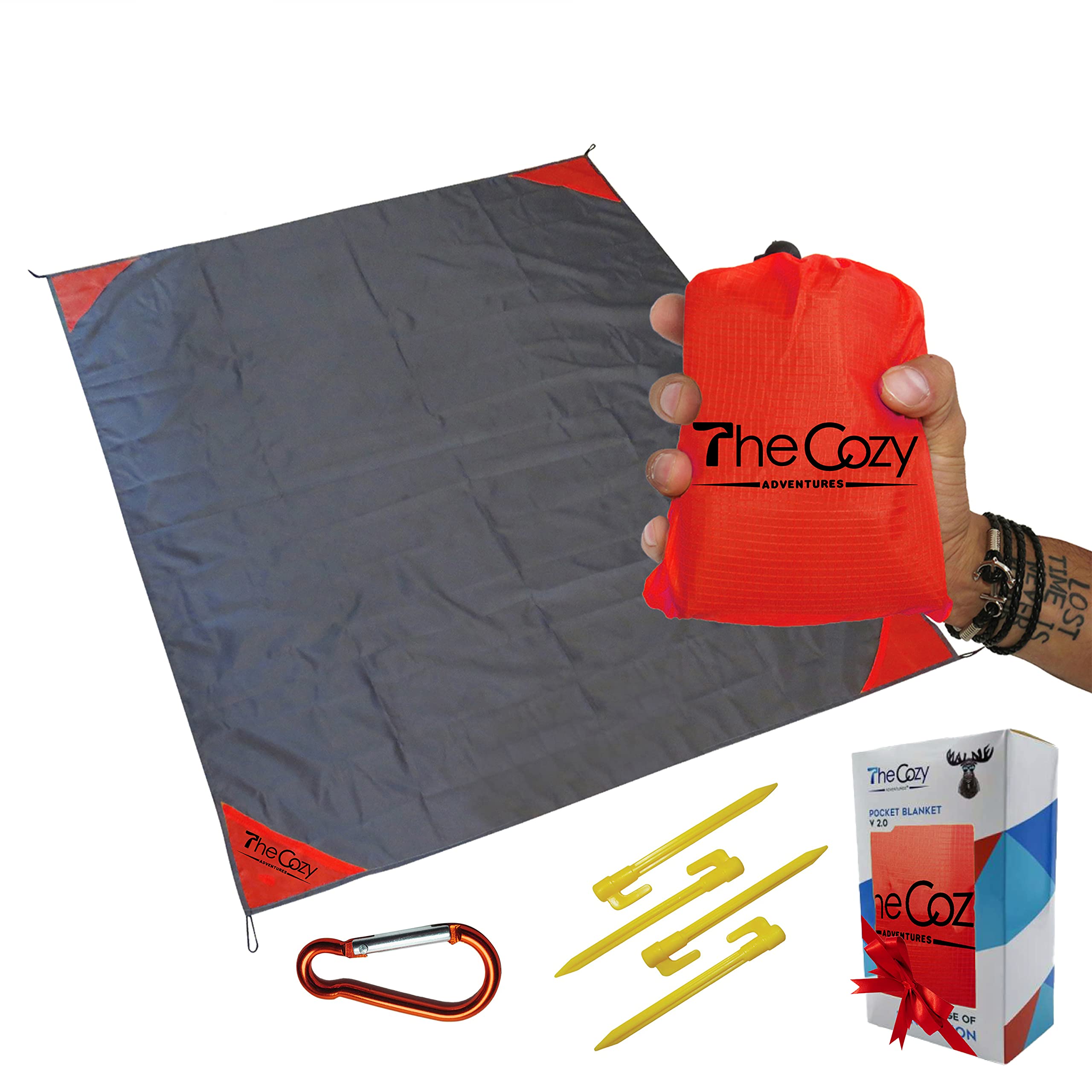 TheCozy Adventures Beach Blanket Waterproof Sandproof, 70x55 in. Pocket Blanket with Stakes – Compact Travel Beach Mat for Camping, Concerts & More – Waterproof Blanket is Durable,Soft & Fast-Drying