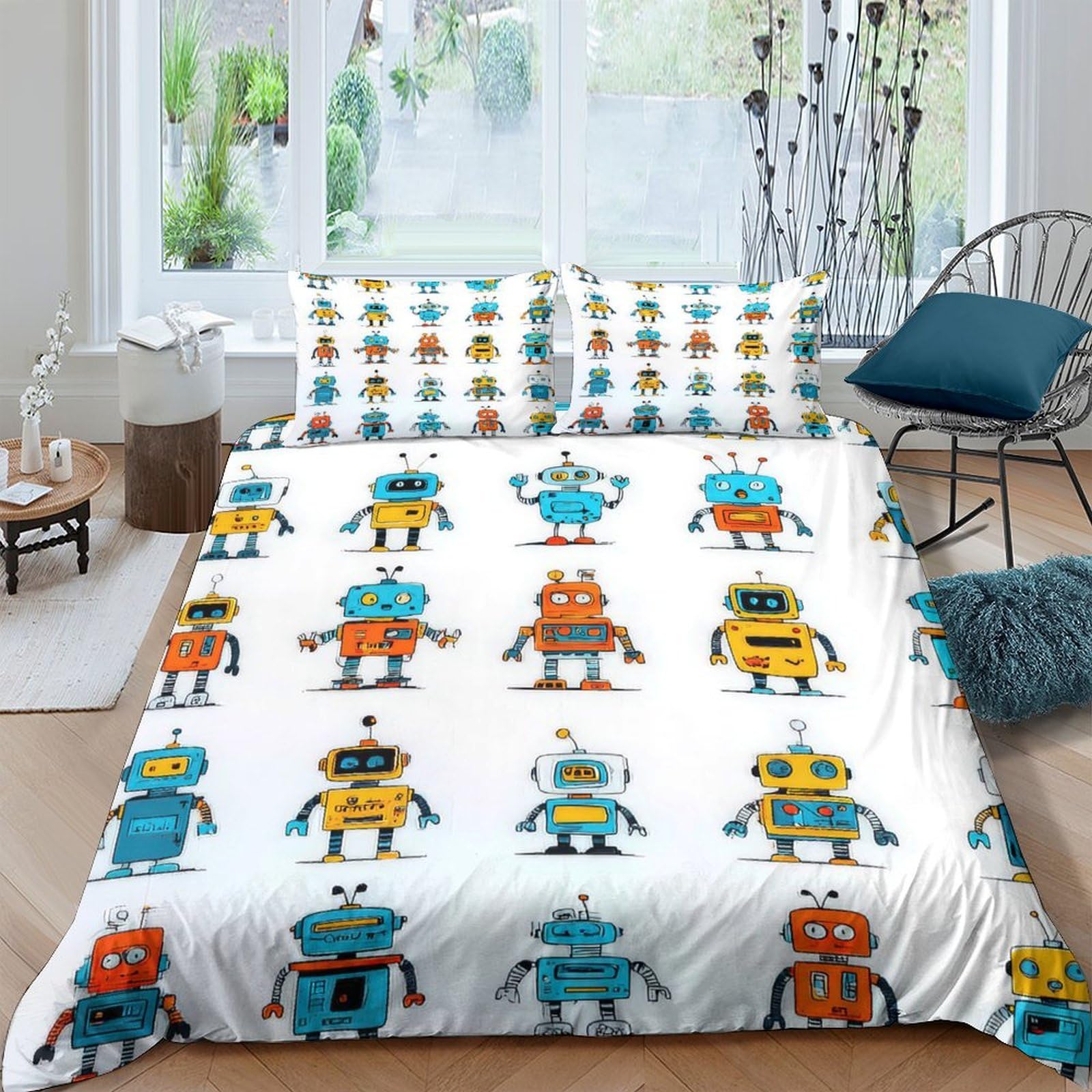 XFKLYNVCJ 3D Printed robot cartoon characters Bedding Cover Polyester colorful retro Duvet Cover Shrink Resistant Easy Care for Housewarming Gift New Home Bedroom Use Single（140x200cm）