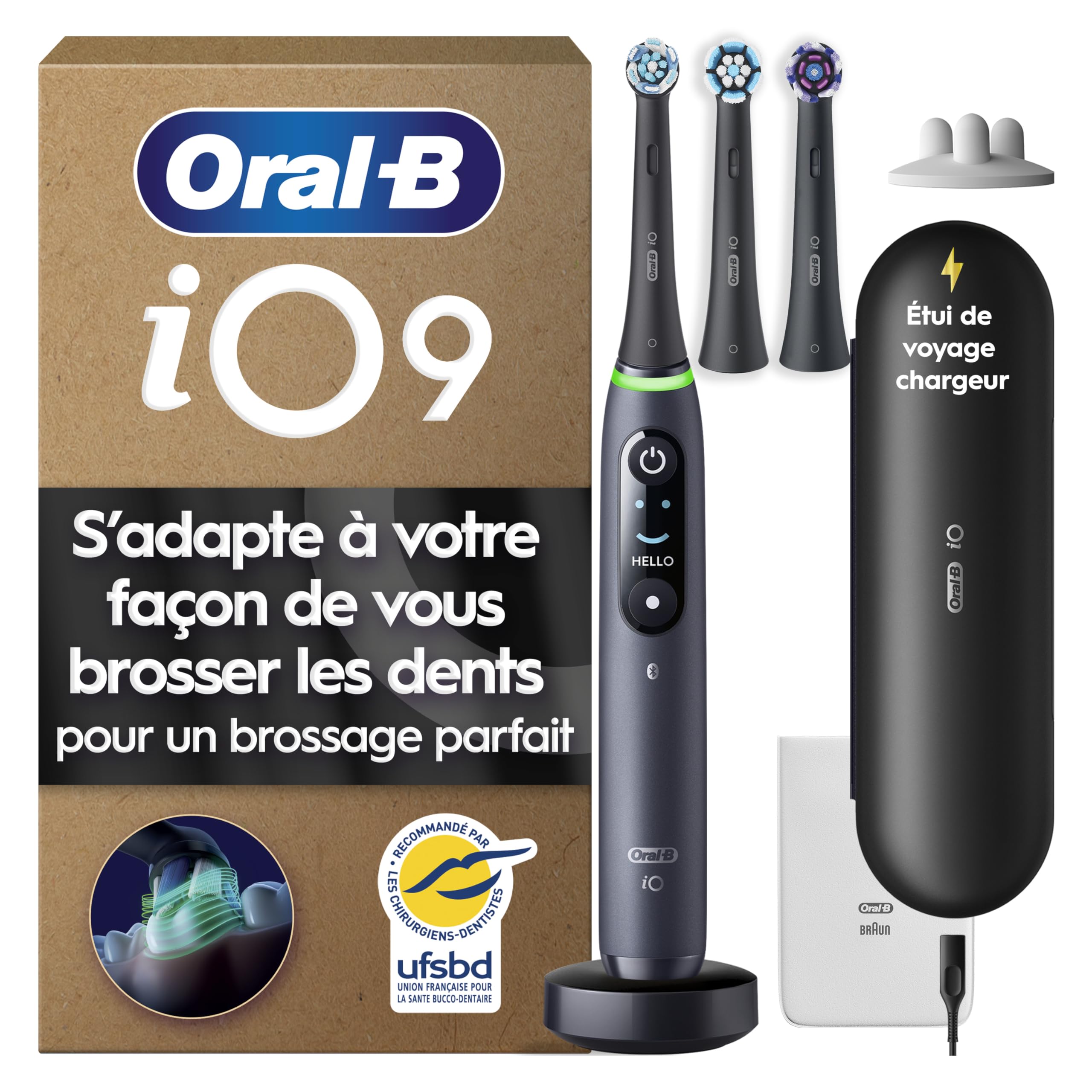 Oral-B Brosse à Dents Electrique iO 9, 3 Brossettes de Rechange, Noire
