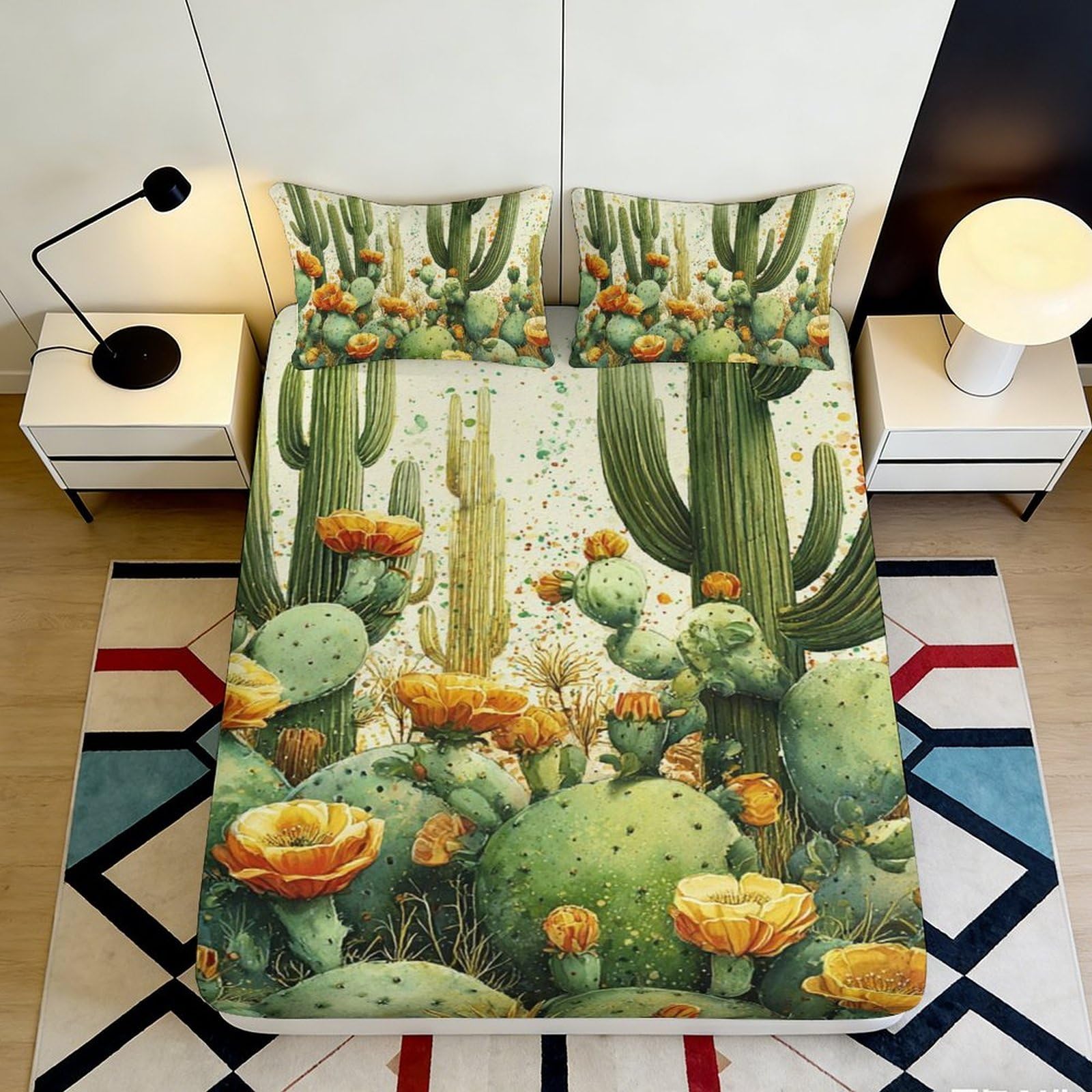 3D Printed Cactus Flower Fitted Sheet Microfiber Soft Breathable Desert Succulent Bed Cover for Bedroom Decor 90x200x25cm