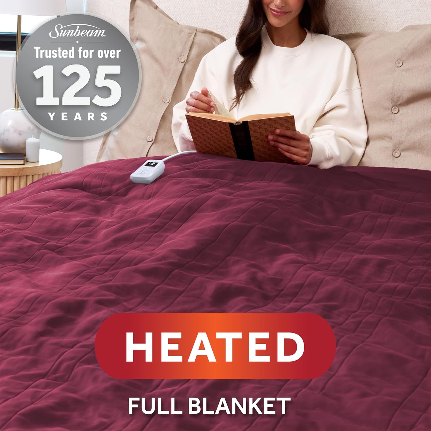 Sunbeam Electric Royal Luxe Microplush Heated Blanket, 12 Heat Settings, 12-Hour Auto Shut-Off, Fast Heating, Warm & Cozy, Machine Washable, Cabernet Color, Full (84" x 72") - Image 2