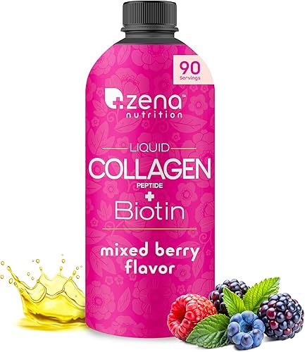 Zena Nutrition Péptidos de colágeno líquido y biotina, 2500 mg de péptidos de colágeno bioactivos Verisol, 5000 mcg de biotina, cabello, piel