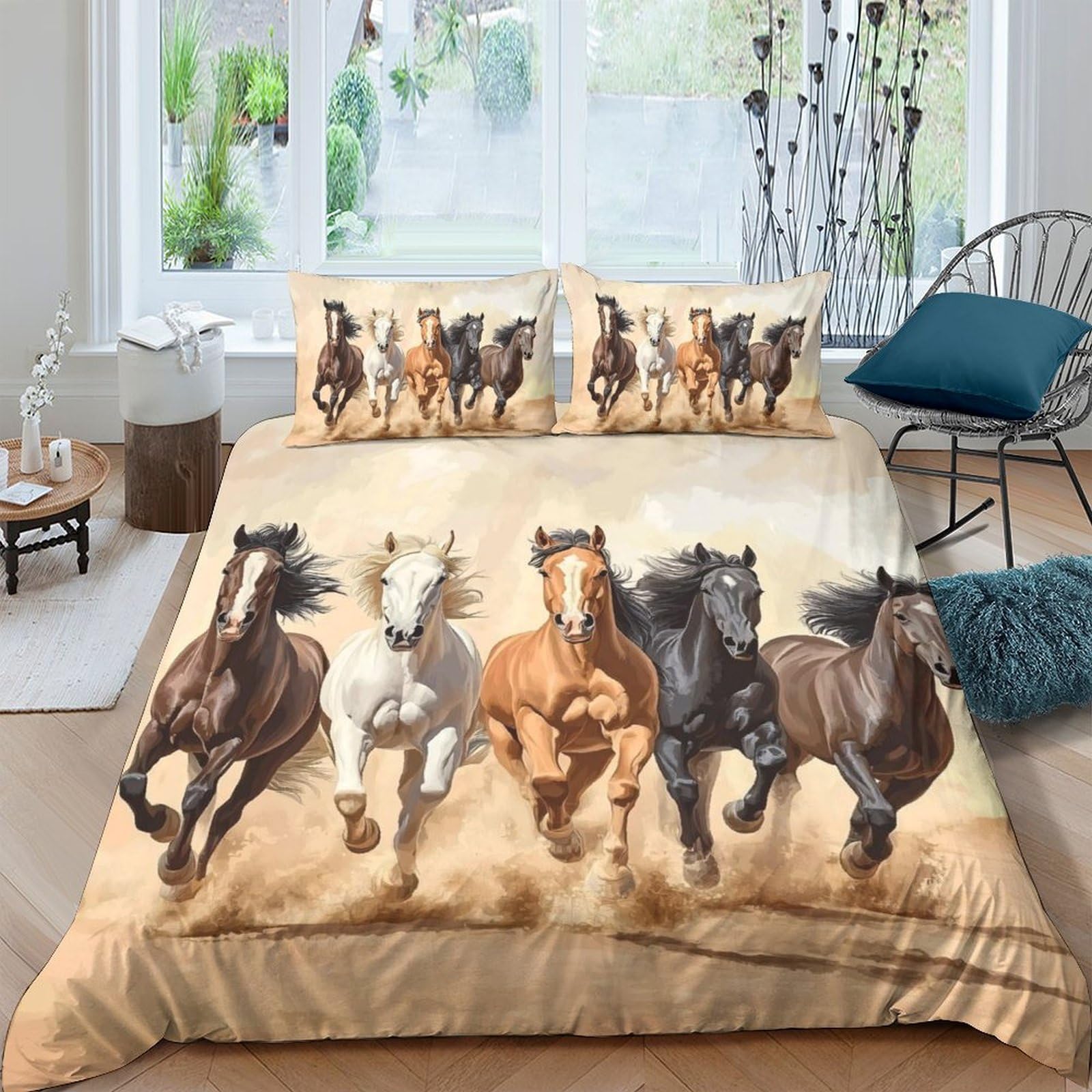 GPLZQXKJNH 3D Printed Running Horses Duvet Cover Microfiber Soft Breathable Wild Stallion Bedding Set with 2 Pillowcases for Bedroom Decor Single（135x200cm）