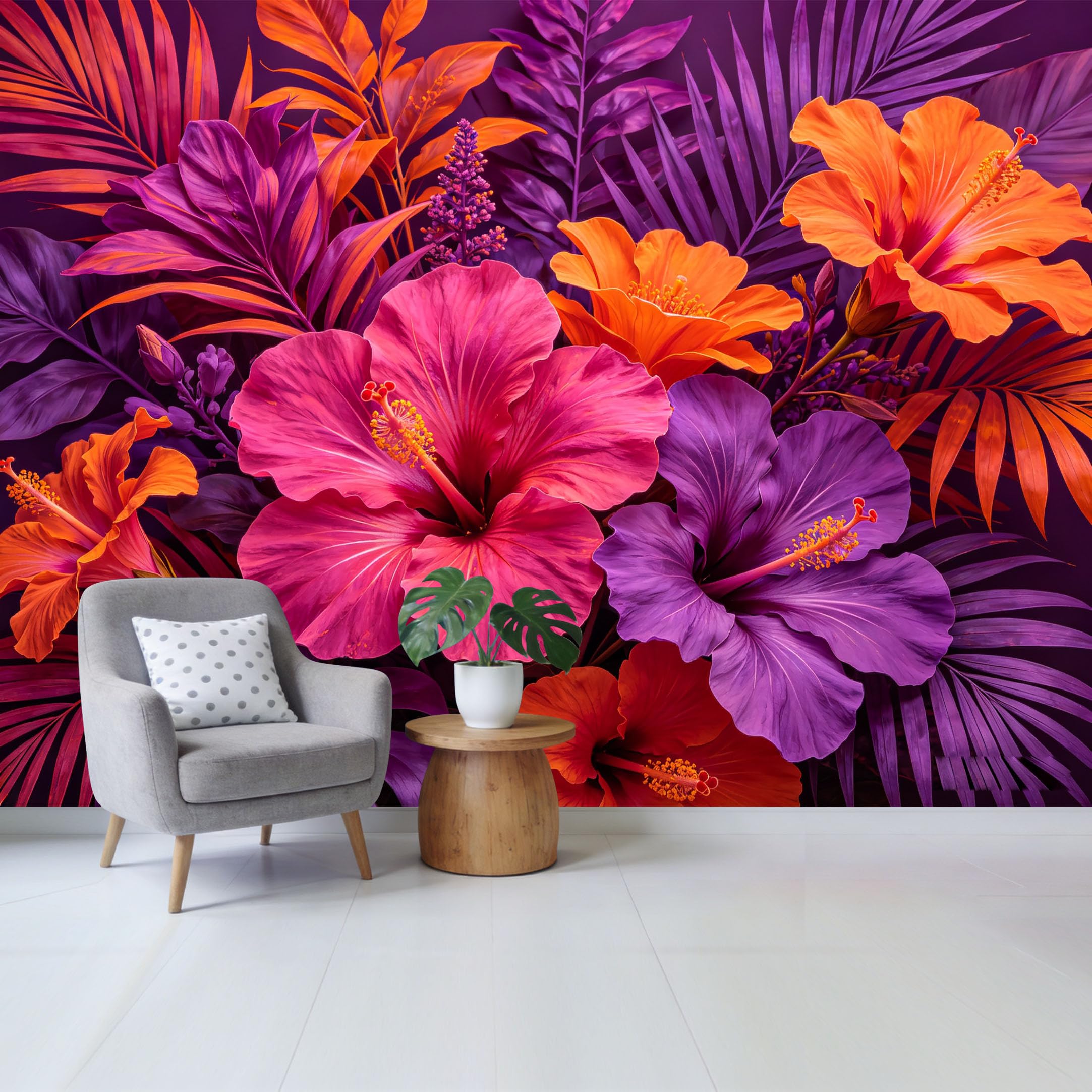 Custom Size Wall Mural Vibrant Neon Hibiscus Flower Tropical Botanical Leaves Watercolor Aesthetic SelfAdhesive Wall Fabric Removable Wallpaper for Home Office Decor