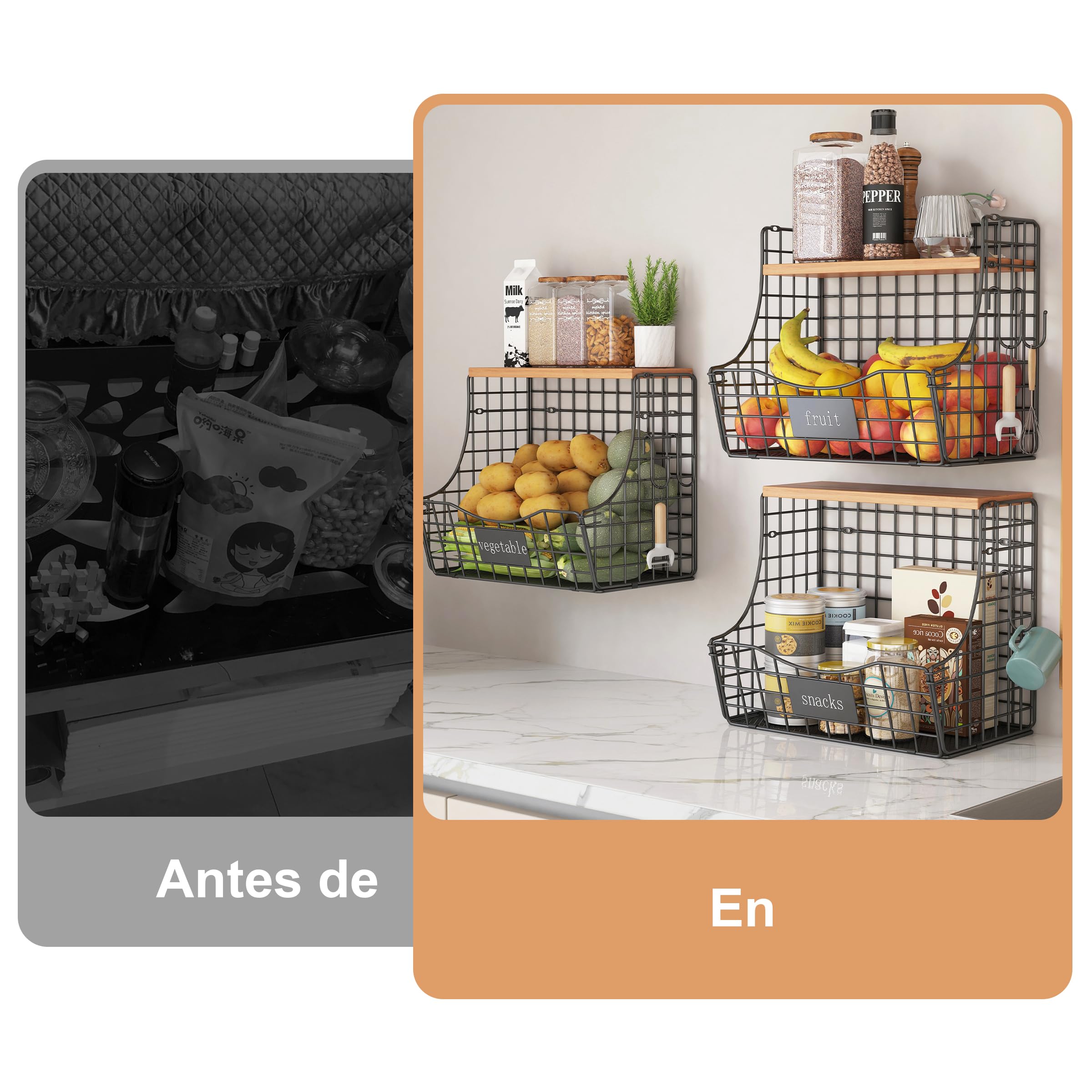 UMDONX 3 Piezas Fruteros de Cocina Metálica Cesta de Fruta de Pared Organizador de Frutas y Verduras con Tapa(Negro,29x19x27cm)