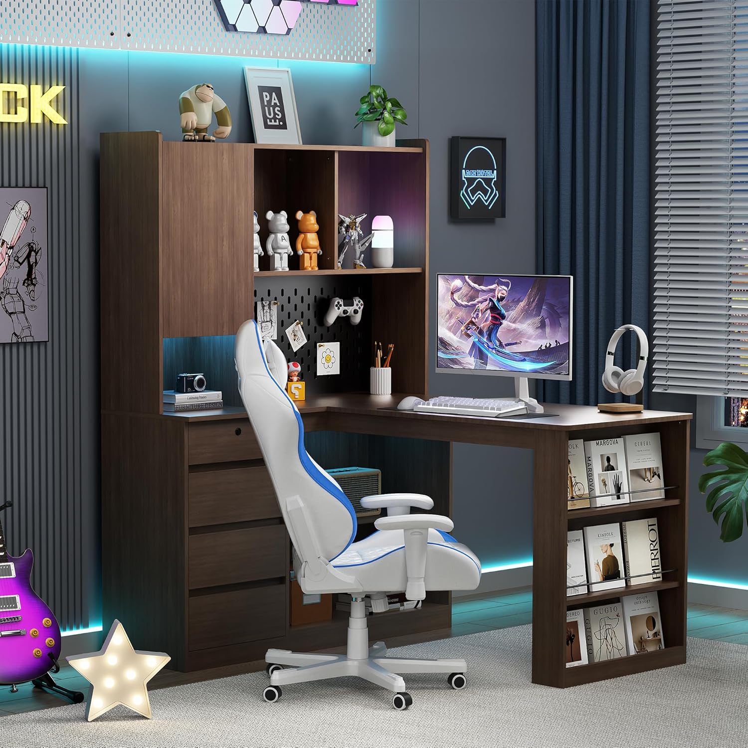 L Shaped Desk with Hutch, Wooden Home Office Desk with 4 Drawers, Storage Cabinet, Charging Station, Corner Writing Computer Desk(Right Side Desk, Brown)
