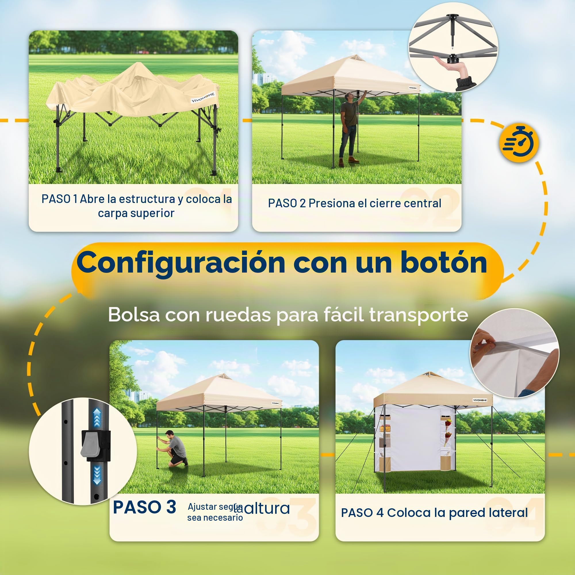 VIVOHOME Carpa Plegable 3x3m Cenador de Jardín con Pared Lateral Altura Ajustable Impermeable Anti-UV Gazebo con Ventilación para Playa 4 Bolsas de Arena con Ruedas para 8-10 Personas