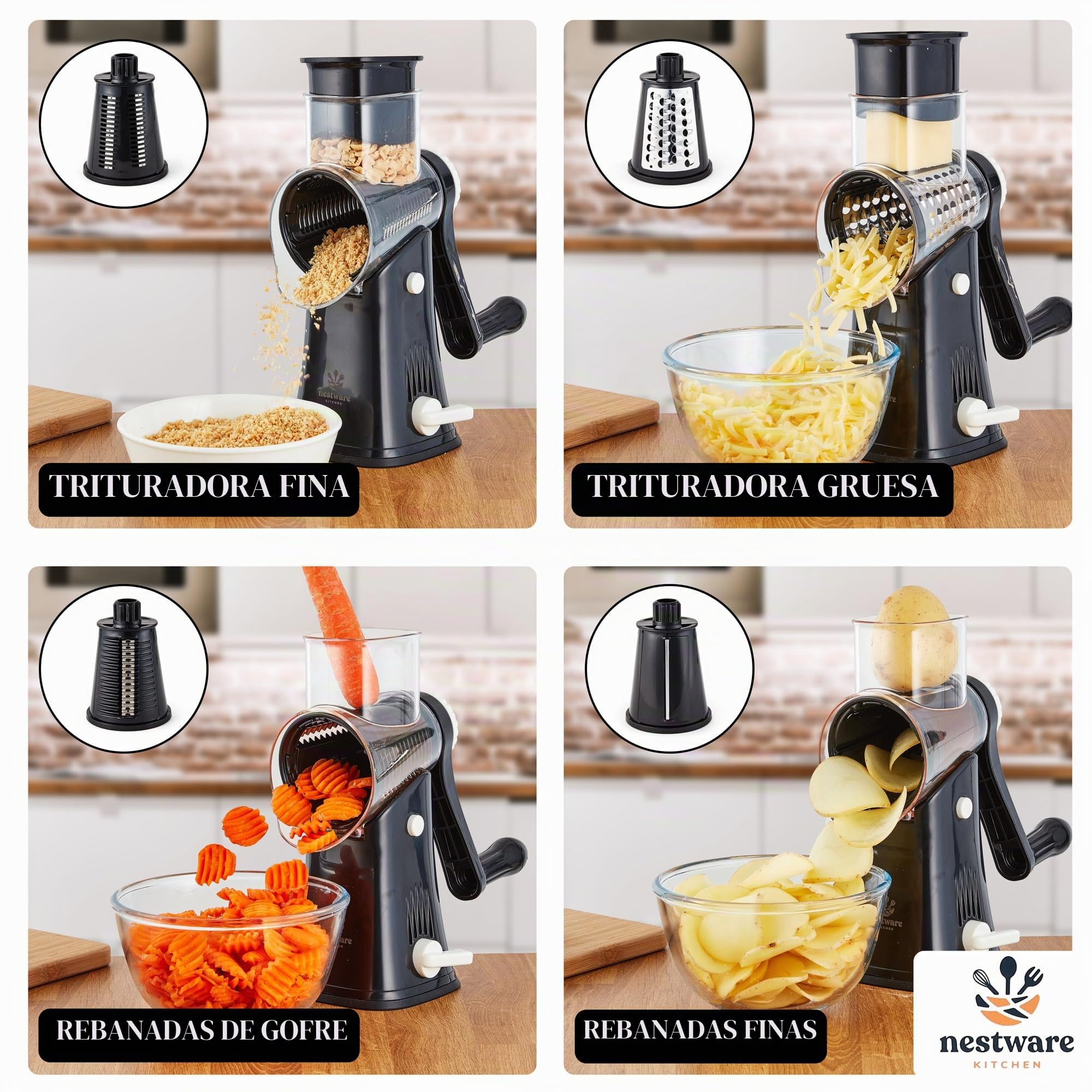 Rallador giratorio de queso de 5 cuchillas, succión reforzada y 5 tambores intercambiables, fácil de usar, picador de verduras, negro