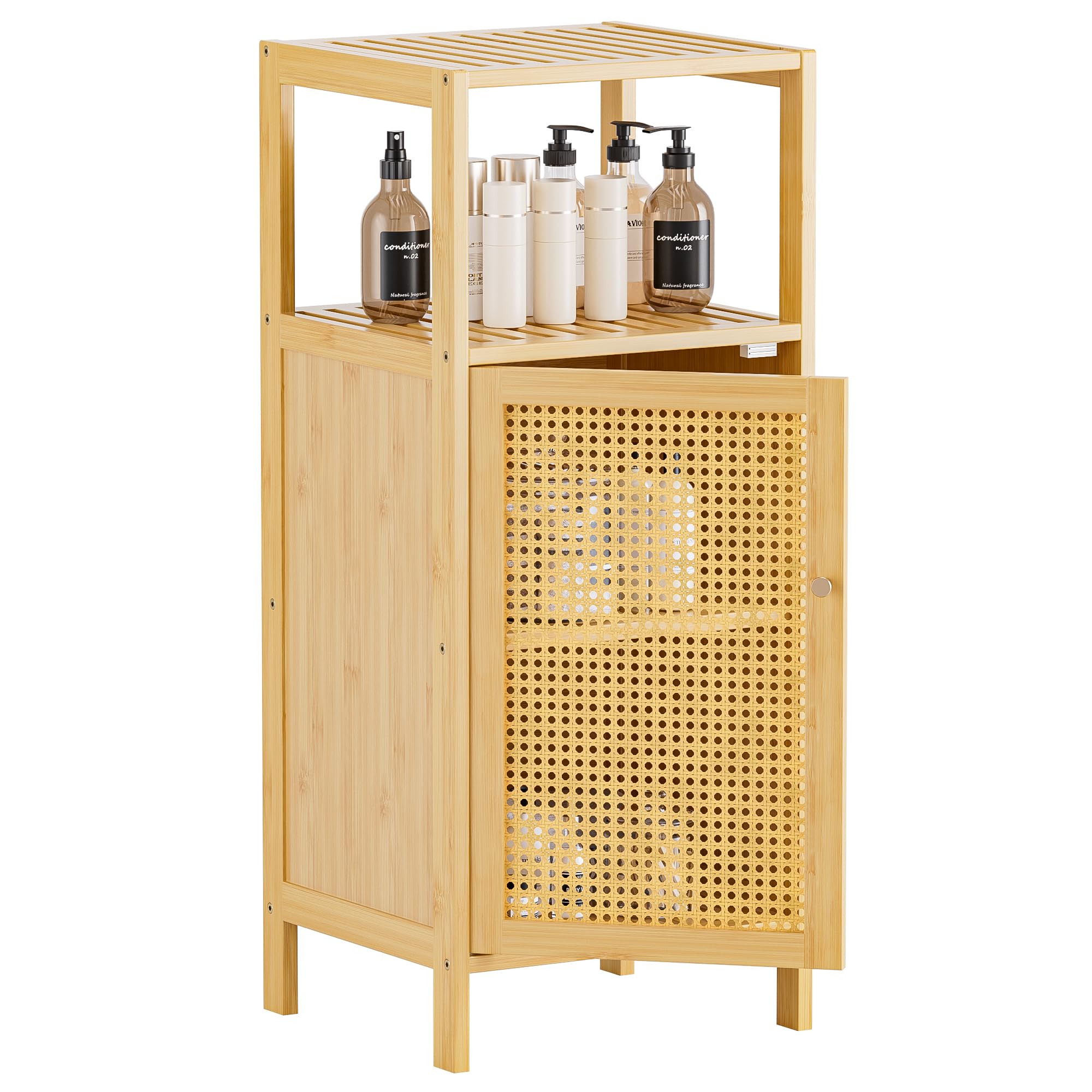 HITNET Mueble Baño Pequeño de Ratán, Armario Auxiliar Baño de Bambú, Gabinete de Almacenamiento Independiente de una Puerta con Estanterías Abiertas, para Sala de Estar, Cocina, Entrada, Natural