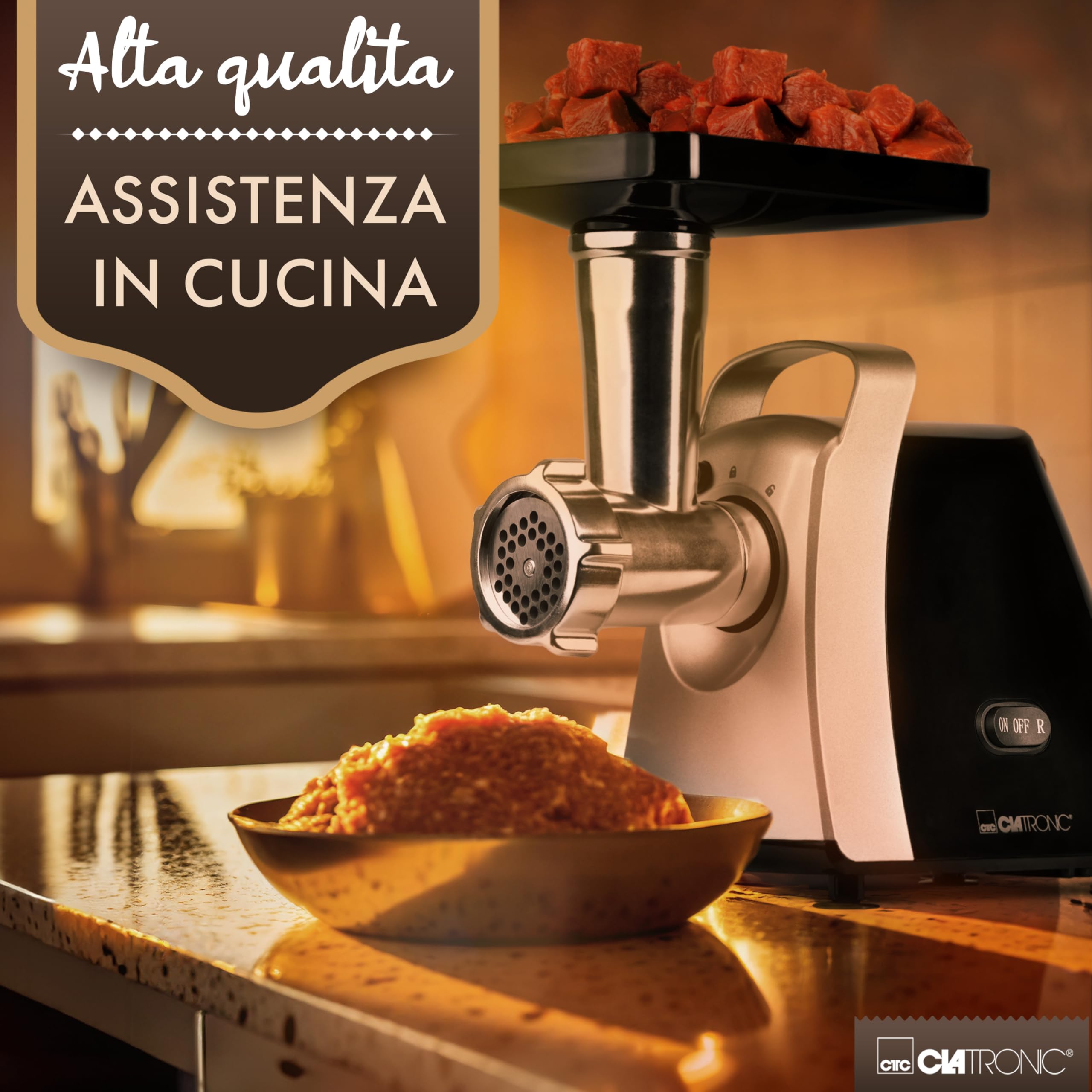 Clatronic® Tritacarne 1000W | con attacco per biscotti/pasticceria | 3 dischi perforati in metallo | avanti e indietro | incluso insaccatore per salsicce | collo in metallo e vite senza fine | FW 3803