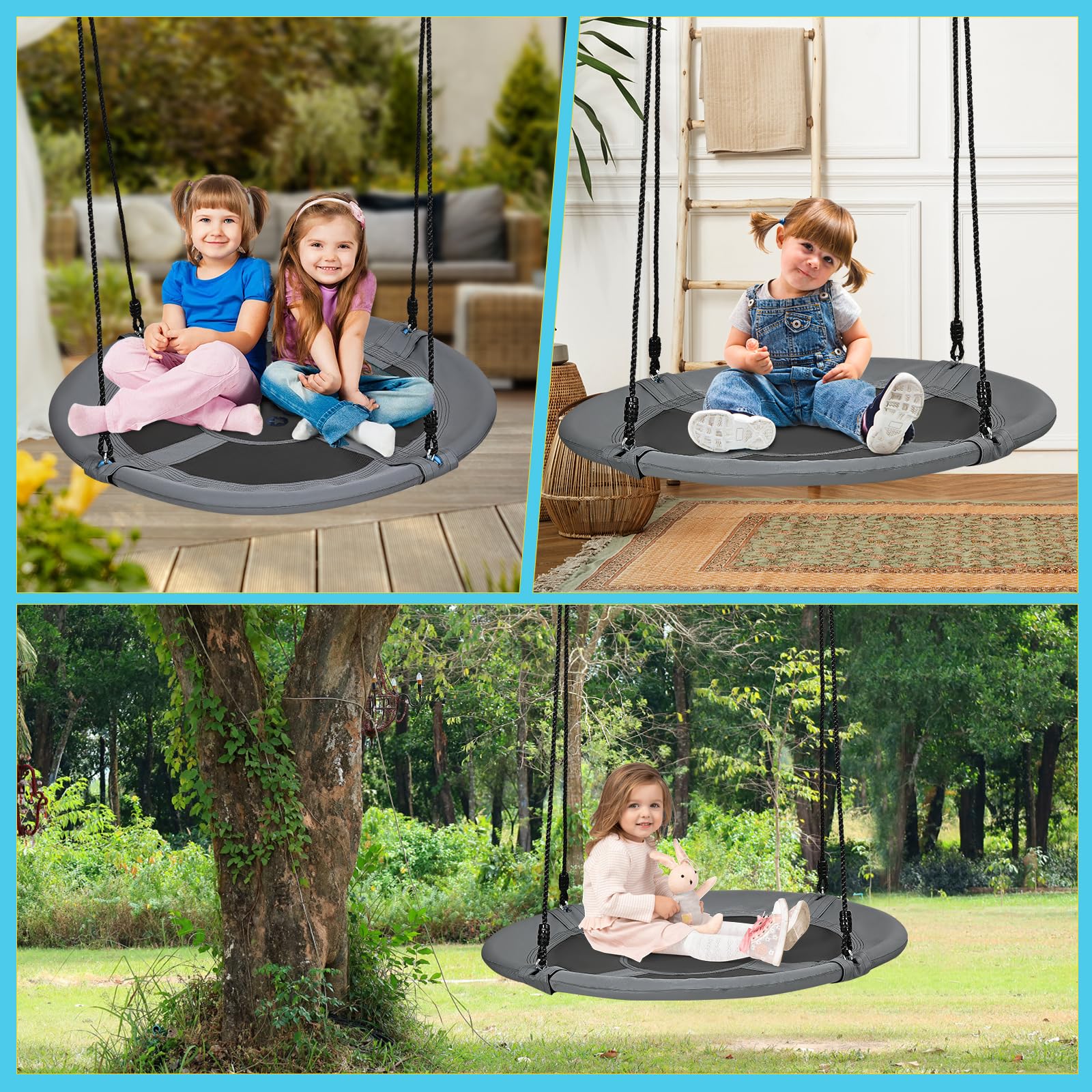 Columpio nido de 120 cm para niños, columpio redondo regulable en altura para varios niños, 2 modos de suspensión, carga de 120 kg, para interior, exterior y habitación infantil