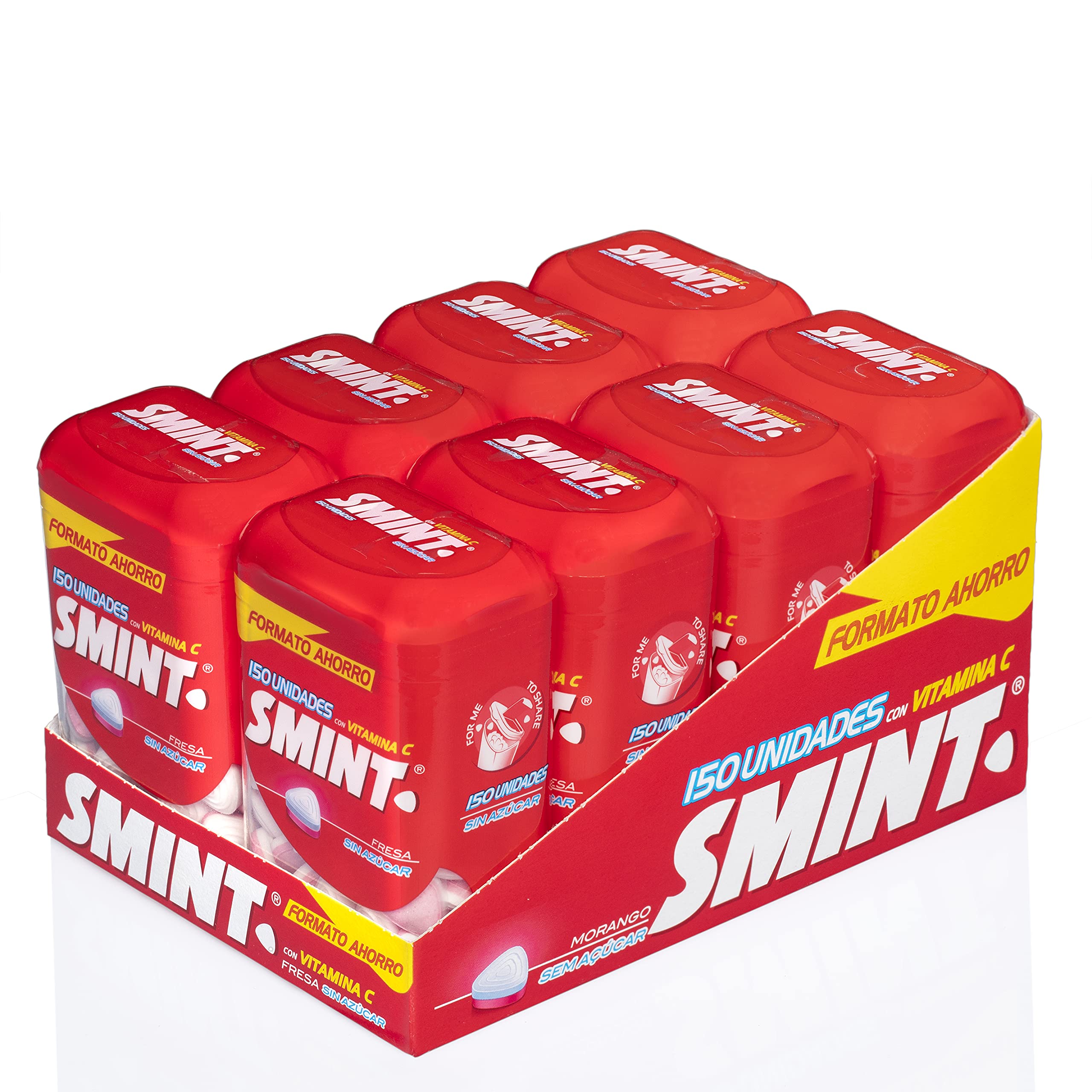 Smint Bote Ahorro Fresa, Caramelo Comprimido Sin Azúcar - 8 unidades de 150 comprimidos (Total 840 gr.)