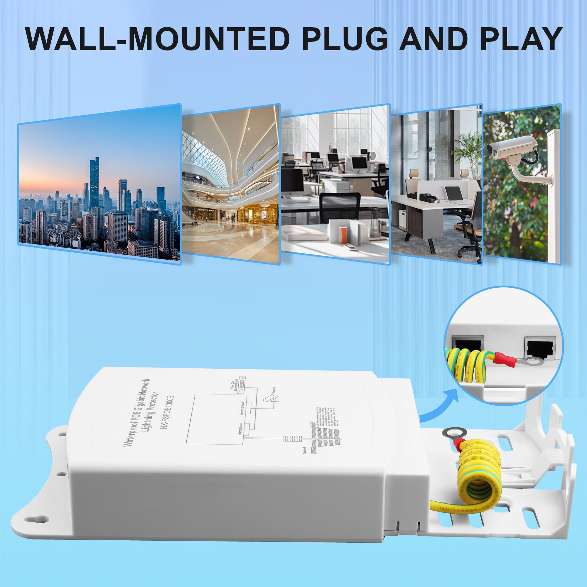 Outdoor Gigabit PoE Ethernet Surge Protector IEEE802.3Af/At/BT 1000Mbps, Waterproof Outdoor Ethernet,Lightning Protection 5KA IP65,Wall-Mounted Plug and Play (Network Extension Only)