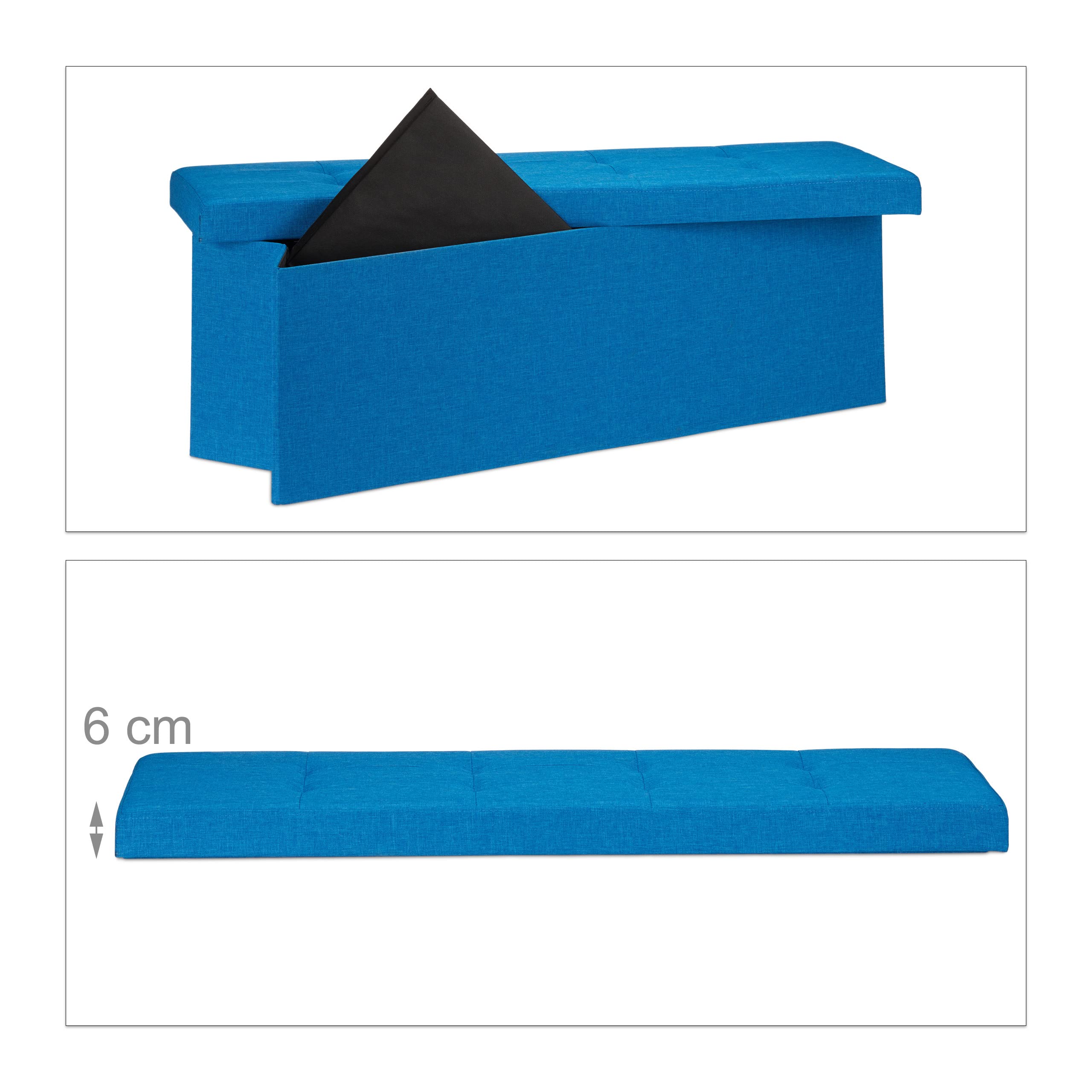 Relaxdays Pouf Pieghevole con Contenitore XXL, Panca Divanetto Portaoggetti, Lino, HxLxP 38 x 114 x 38 cm, Blu