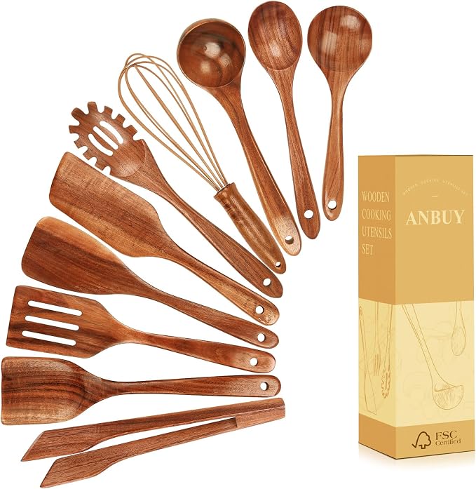 ANBUY Wooden Kitchen Utensil Set, 10 Pcs Wooden Spoons for Cooking, Non Toxic Teak Wood Utensils Set for Serving, Mixing and Frying, BPA Free Wood Spatula, Turner, Ladle, Tongs and Whisk