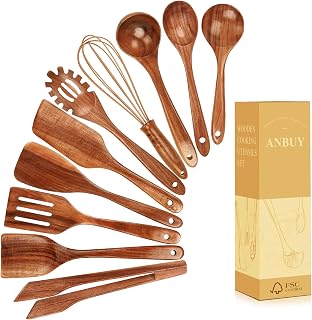 ANBUY Wooden Kitchen Utensil Set, 10 Pcs Wooden Spoons for Cooking, Non Toxic Teak Wood Utensils Set for Serving, Mixing and Frying, BPA Free Wood Spatula, Turner, Ladle, Tongs and Whisk