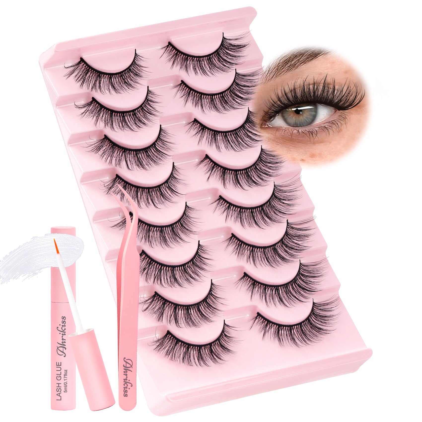 Ahrikiss Lashes Wispy False Eyelashes Natural Look Cat Eye Lashes 8 Pairs Faux Mink Lashes Lightweight Eyelashes Kit