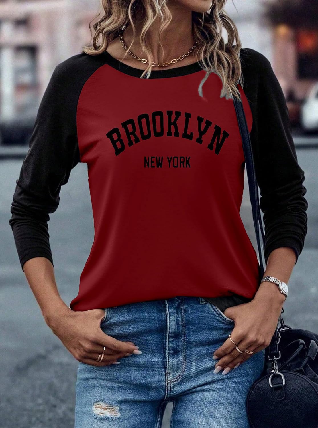 Hilinker Women's Long Sleeve Graphic Tees Color Block Tops Casual Loose Crew Neck T Shirts - Image 3