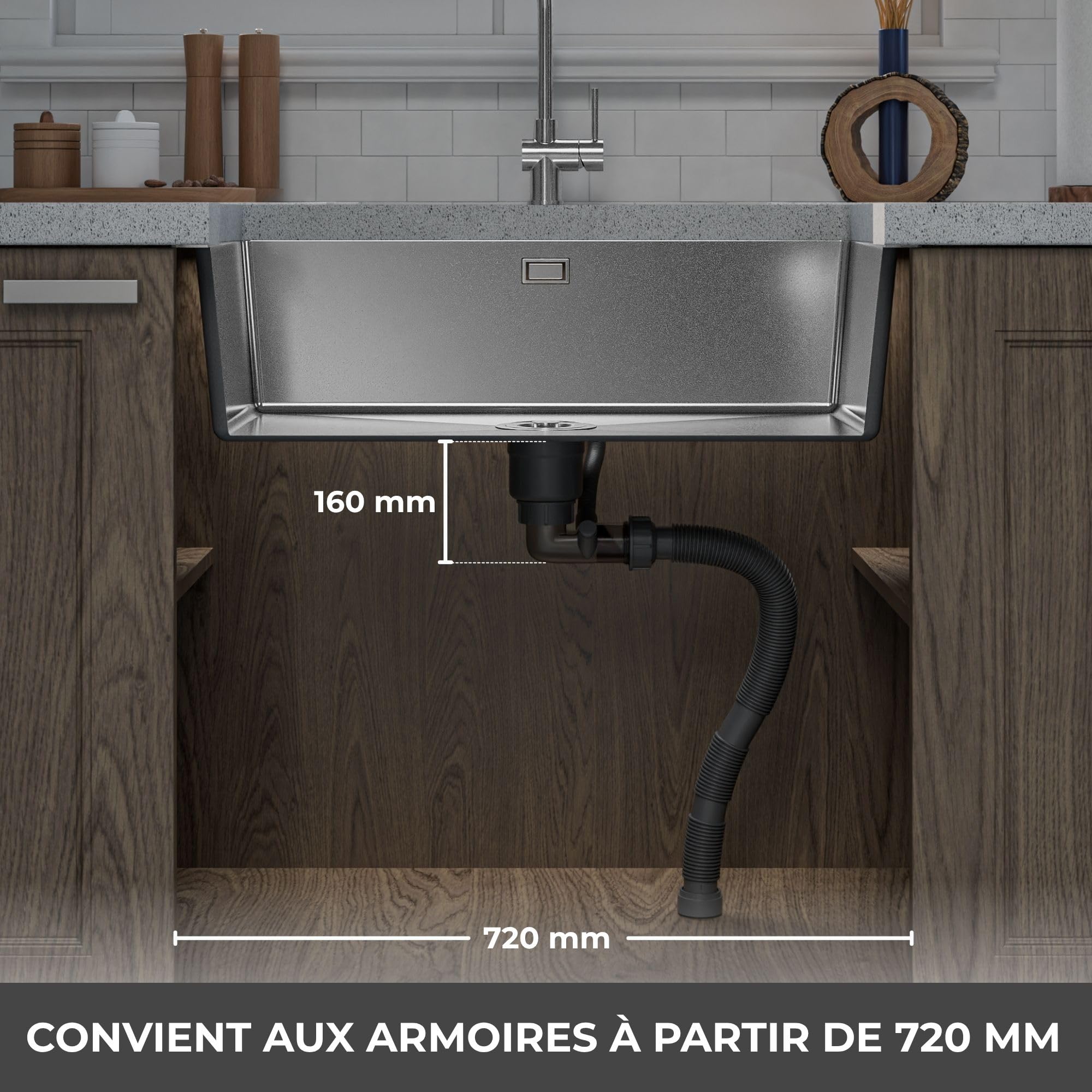 ANW HOME Evier Cuisine 1 Bac 74x44 cm, Inox | Encastré/Sous Plan, Revêtement Nano, Épaisseur 3.0+1 mm, Profondeur 22 cm, Avec Siphon