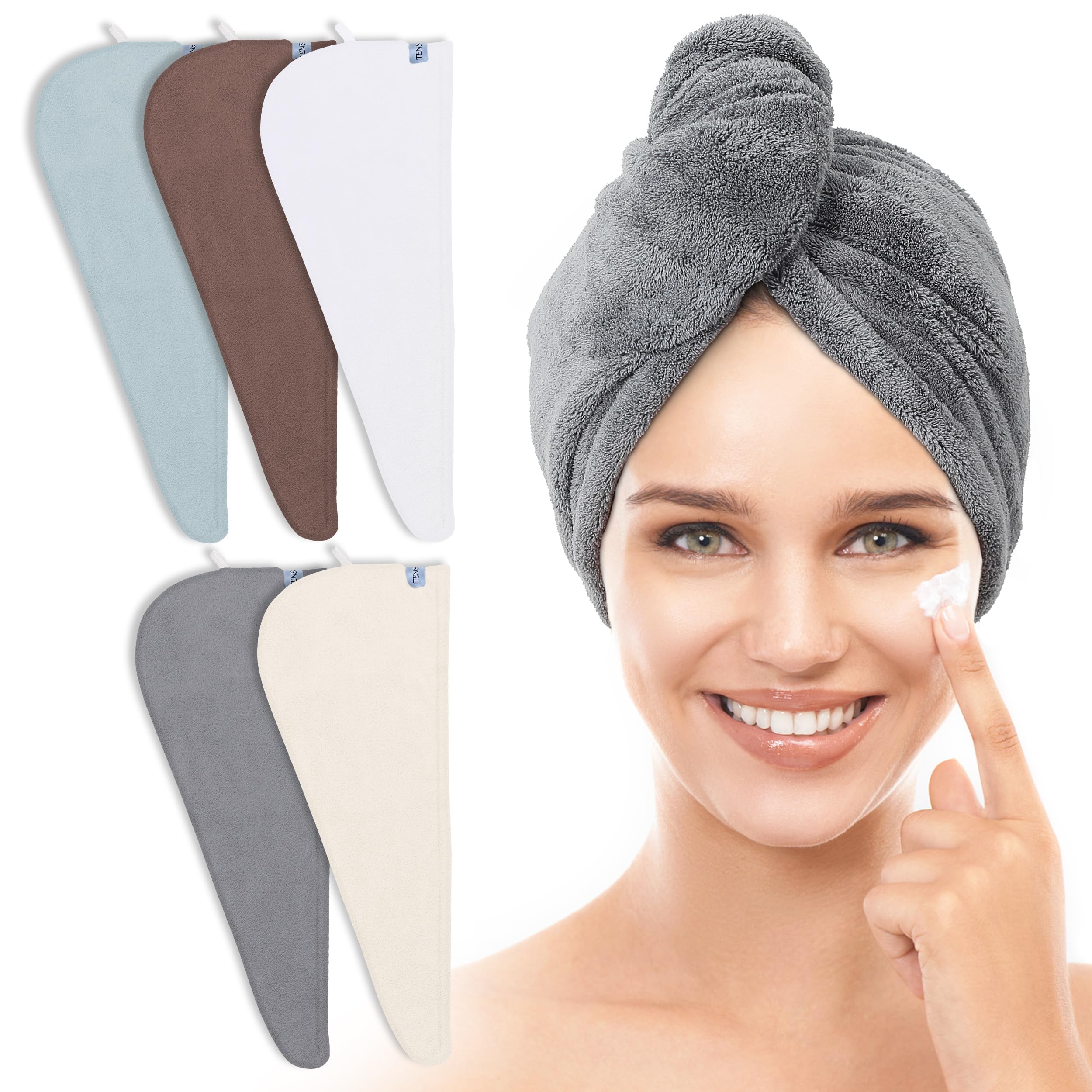 TENSTARS 5 Pack Thicken Microfiber Hair Towel Wrap for Women - Elastic Loop Design - 320GSM Coral Velvet - Quick Dry Hair Turban - 11x28 Inch (Cream+White+Brown+Light Teal+Grey)
