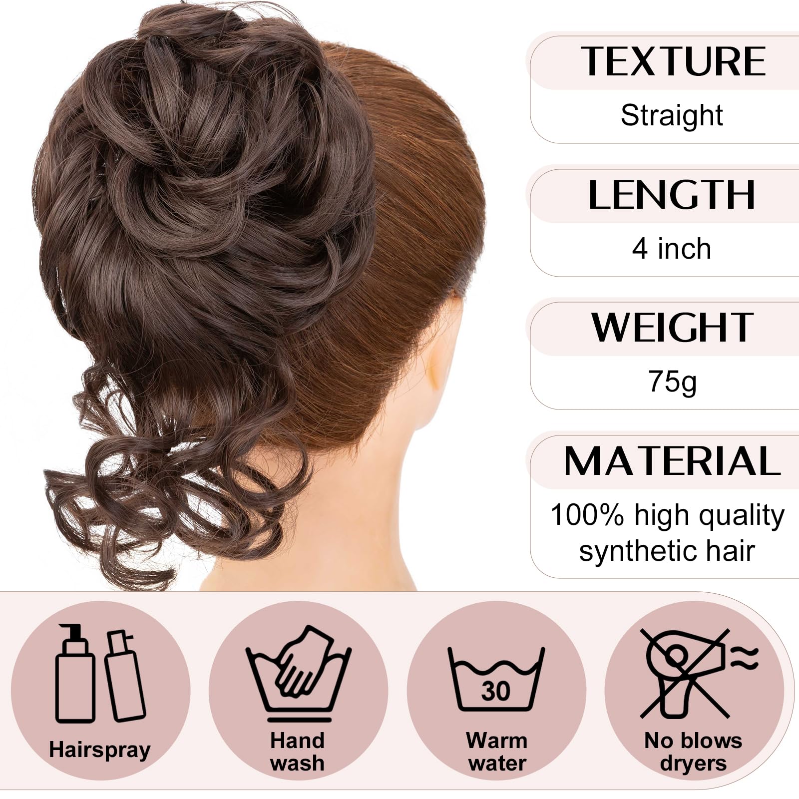 Claw Messy Bun Hairpieces Wavy Curly 75G Thick Hair Chignon Tousled Updo Doughnut Hair Bun Synthetic Ponytail, Light Brown - Image 4