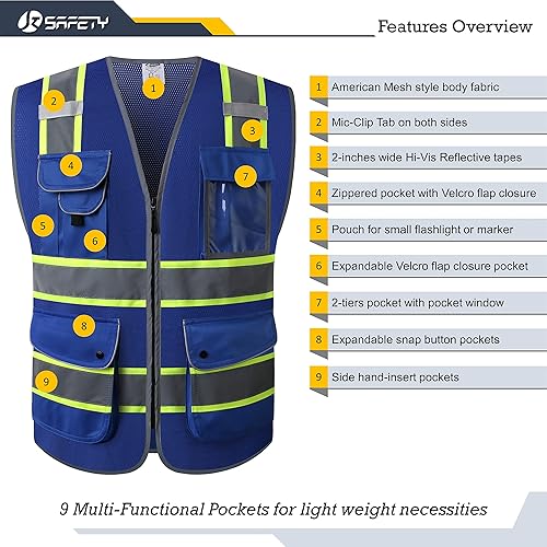 Miniatura 3 de JKSafety - Chaleco de seguridad azul con cremallera frontal de alta visibilidad, 9 bolsillos, azul con tiras reflectantes de doble tono, estándares