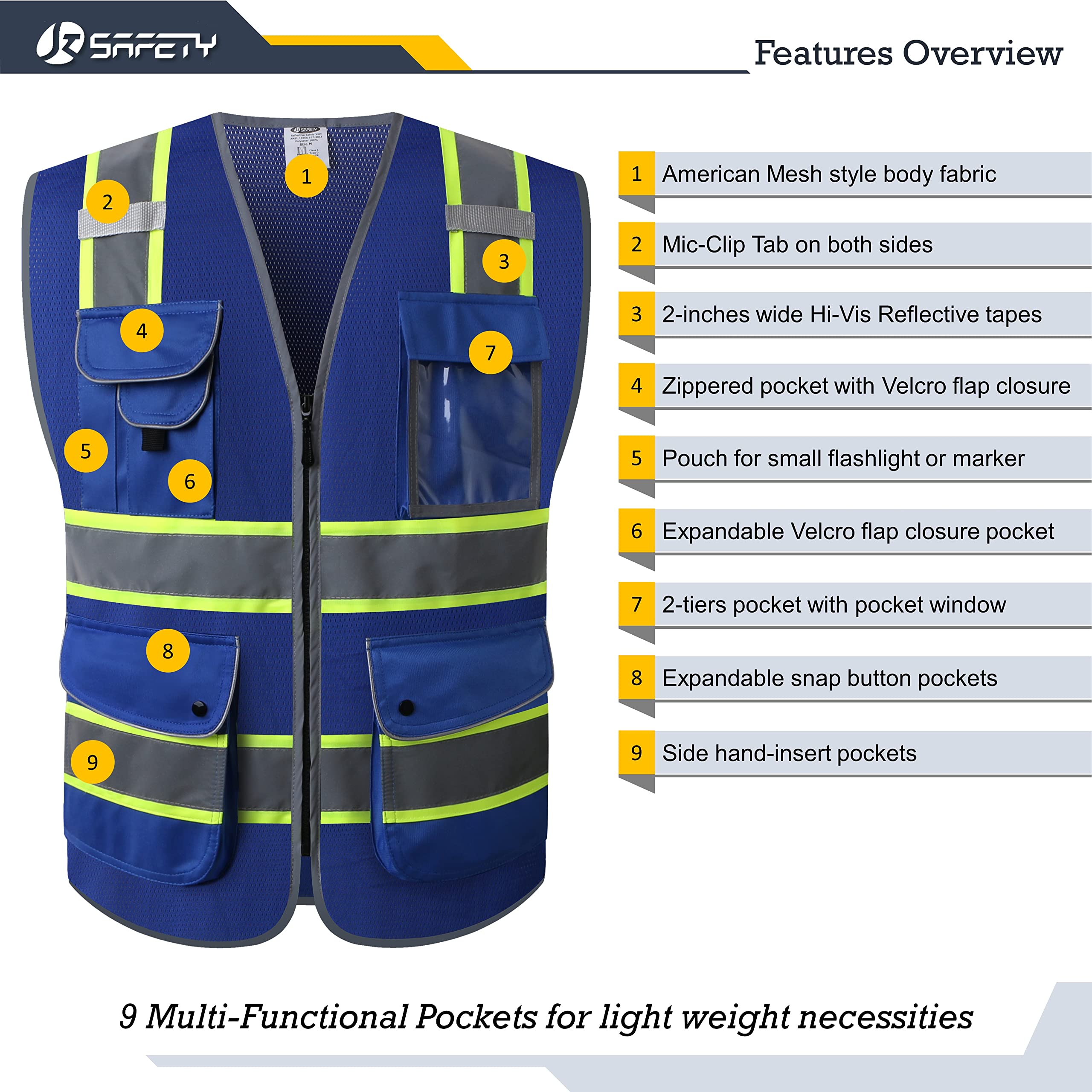 JKSafety 9 Pockets High Visibility Zipper Front MESH Blue