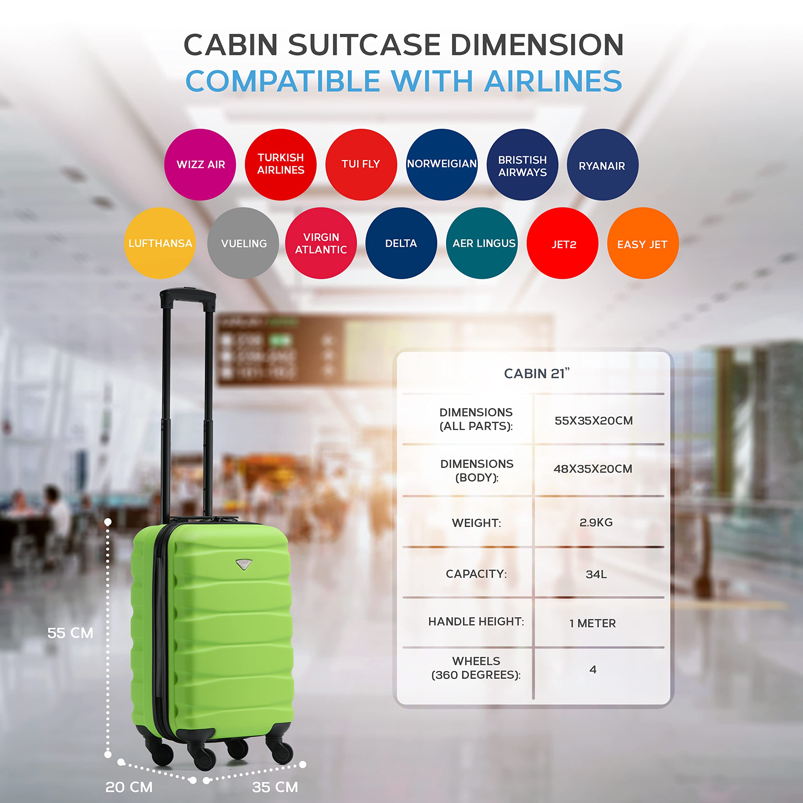 Flight Knight Cabin Suitcase 55x35x20, Carry On for Over 100 Airlines Like Ryanair, EasyJet, British Airways, Virgin Atlantic Lightweight Small Durable Cabin Bag, ABS Hard Shell, Hand Luggage