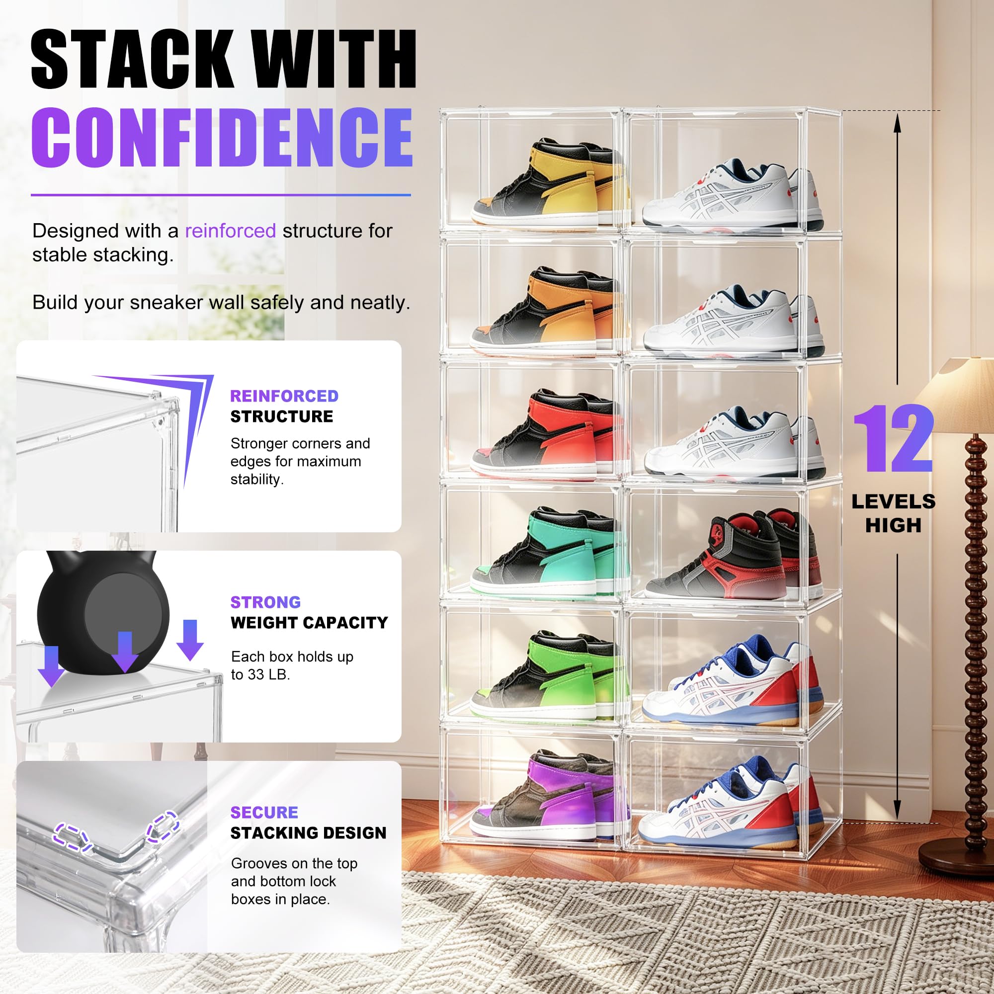 Cajas acrílicas para zapatos, almacenamiento de tenis para zapatillas, plástico transparente, apilables, coleccionables, vitrina