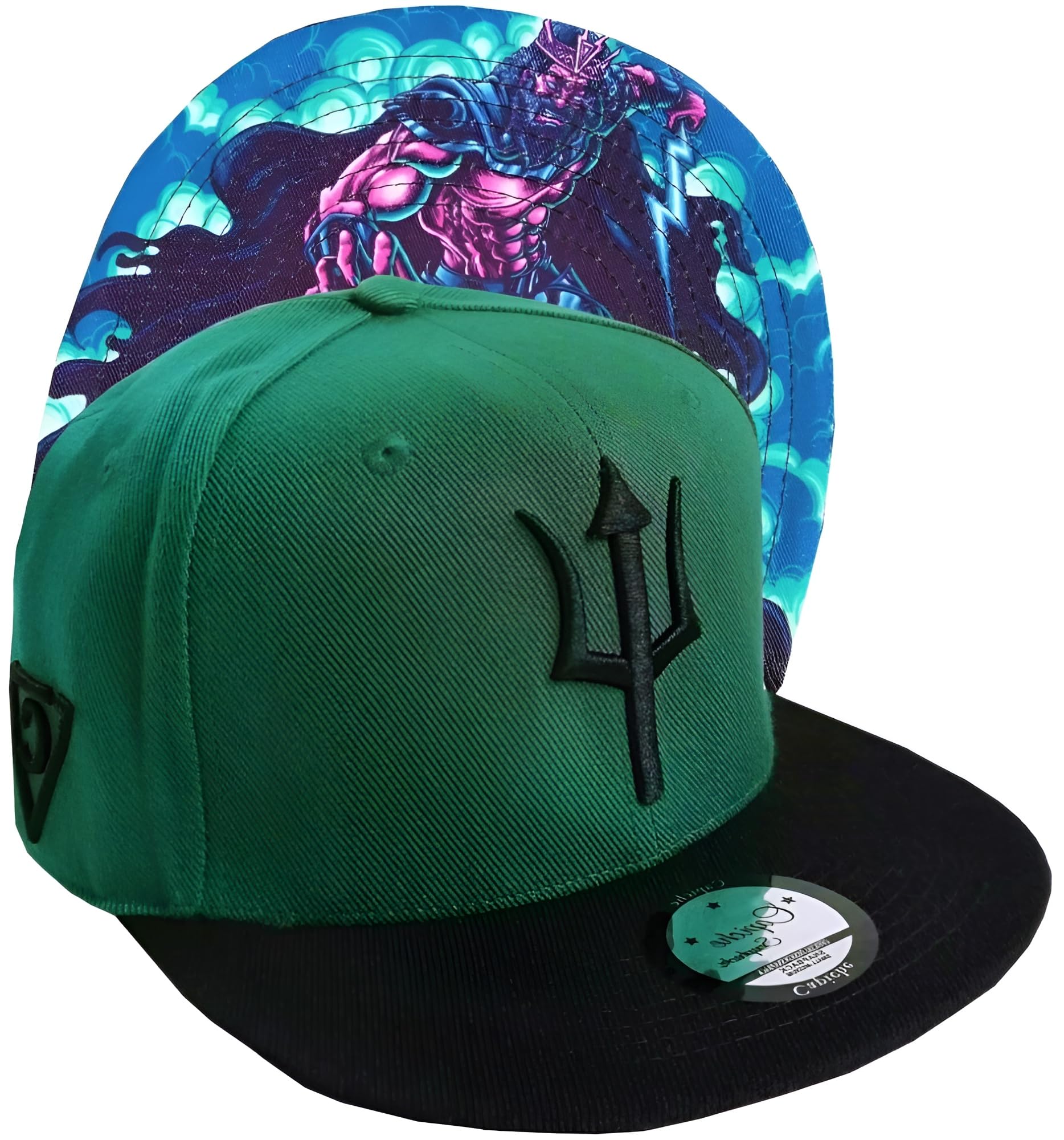 Capiche [99+ Variations] Green Snapback Hat for Men, Zeus, Black Visor Flat Bill hat, Greek God of Thunder, Mythology Design, Baseball Cap with Trident Front Logo, Gift Dad