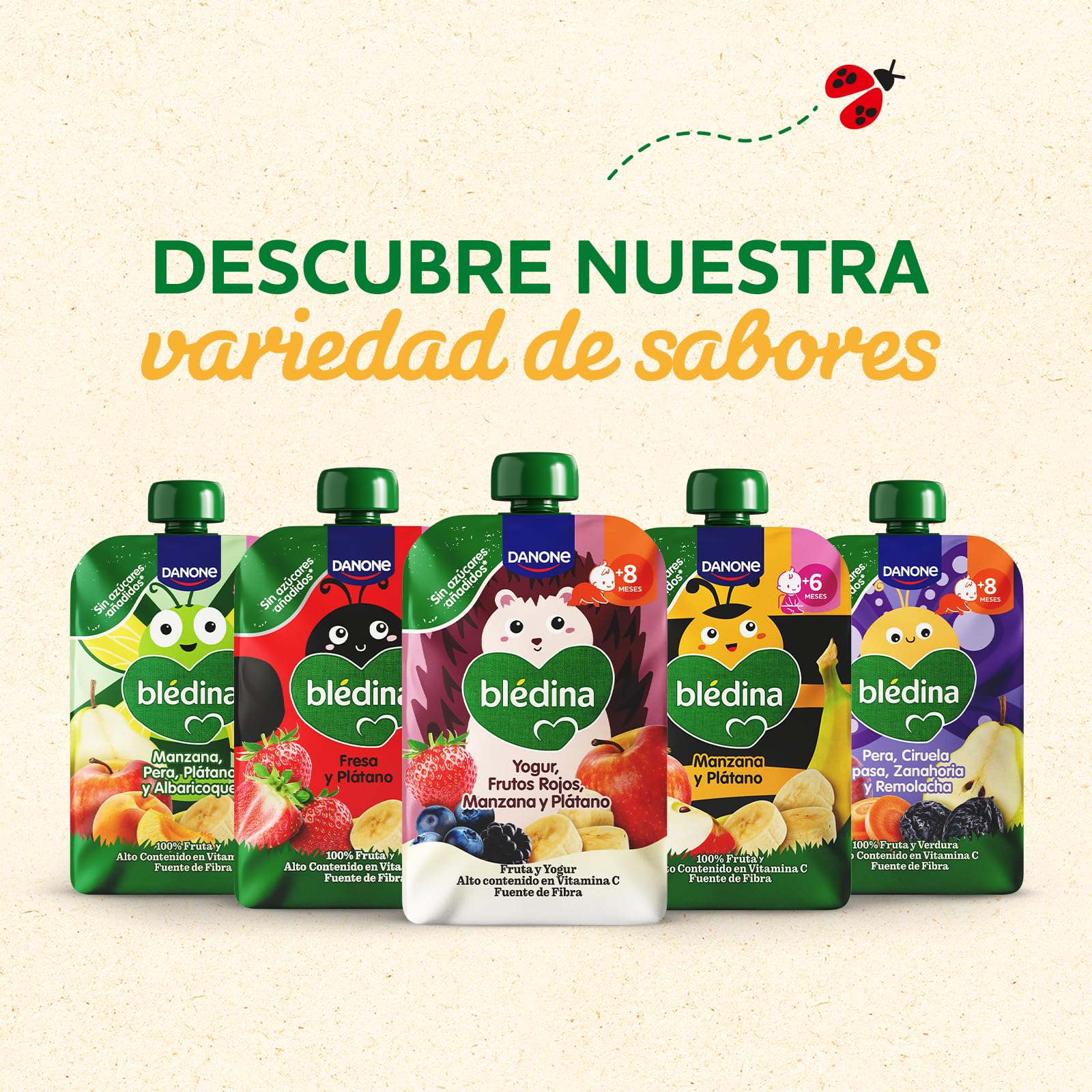 Blédina Bolsitas de Yogur, Frutos Rojos, Manzana y Platano para Bebé. Pouch de Fruta y Yogur, Sin Azúcares Añadidos y Alto Contenido en Vitamina C, Fuente de Fibra. Desde los 8 Meses, Pack 6x100g