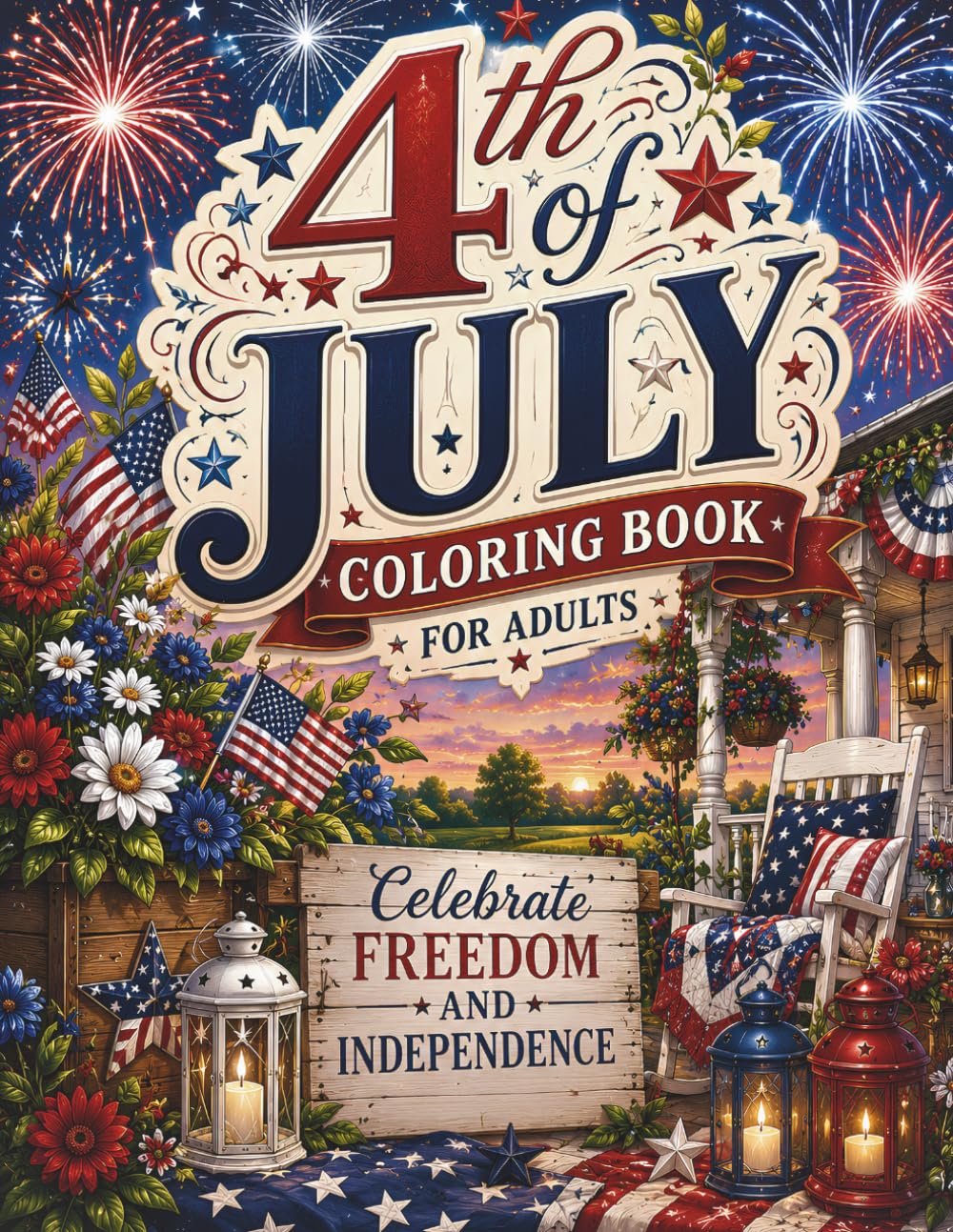 4th of July Coloring Book for Adults: A Relaxing Collection of Patriotic Fireworks, Americana Scenes, Rustic Summer Celebrations, and Beautiful Independence Day Designs