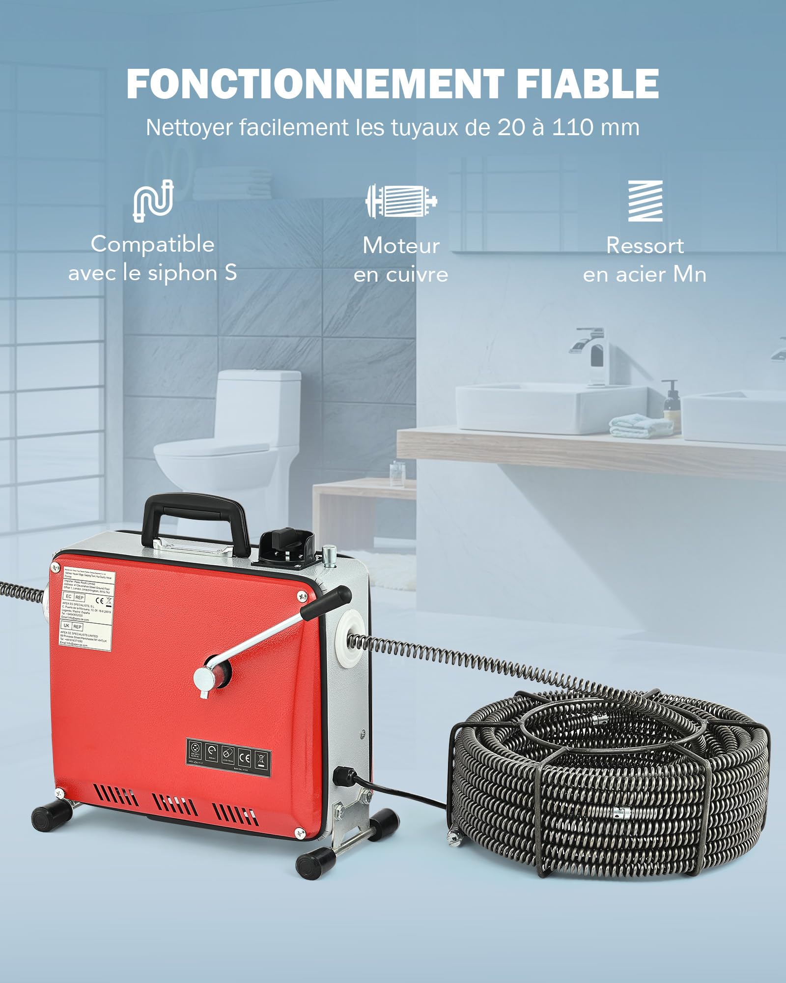 ZELCAN Machine de Nettoyage de Tube Électrique 400W Pour Tubes de Ø30-100mm, Nettoyeur de Vidange 400 tr/min, Nettoyant de Tuyau avec Axe de Nettoyage de Tube, Outils de Nettoyage
