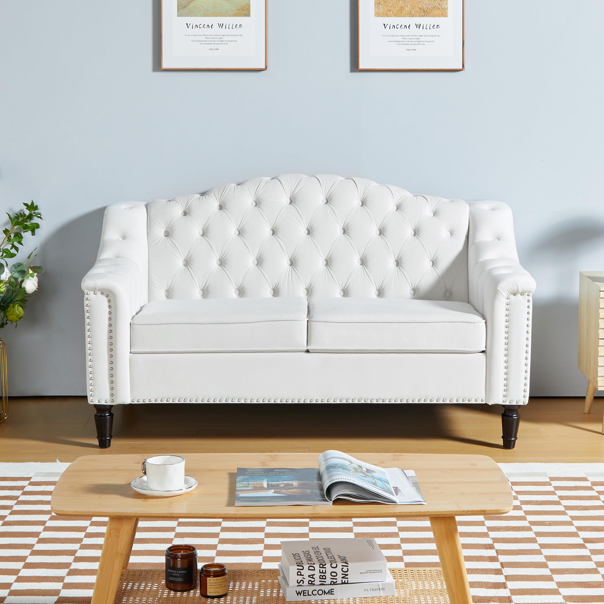 LEVNARY Chesterfield Loveseat Velvet, Upholstered Sofa with Button-Tufted Back, Mid-Century Modern Sofa with Solid Wood Legs, 2 Seater Couches for