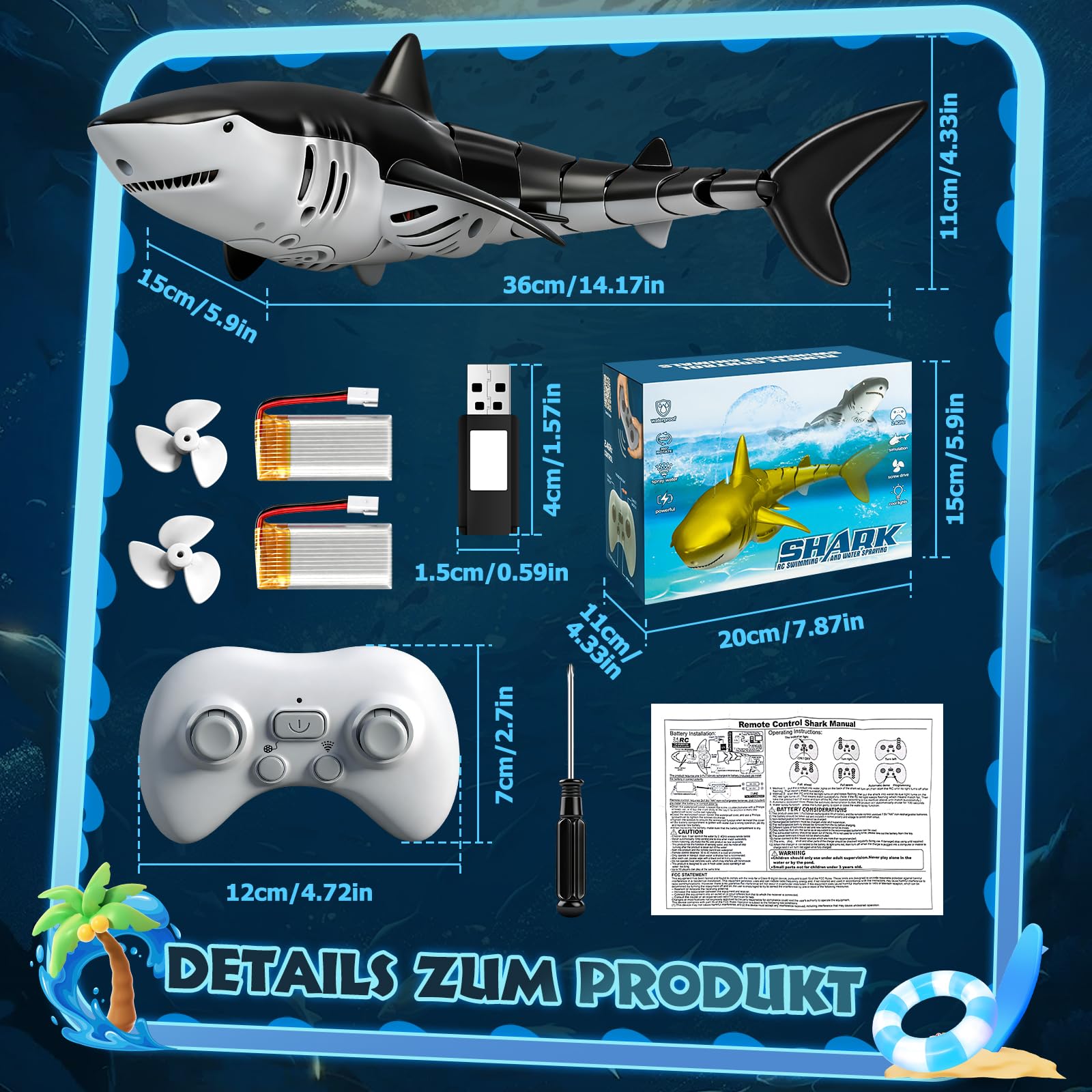 YOOHBERRYS Ferngesteuerter Hai, 2.4GHz Hai Spielzeug, Ferngesteuertes Hai-Boot mit Licht- und Wassersprühfunktion, Pool Spielzeug Geschenk für 6+ Jahre Junge Mädchen (Grau)