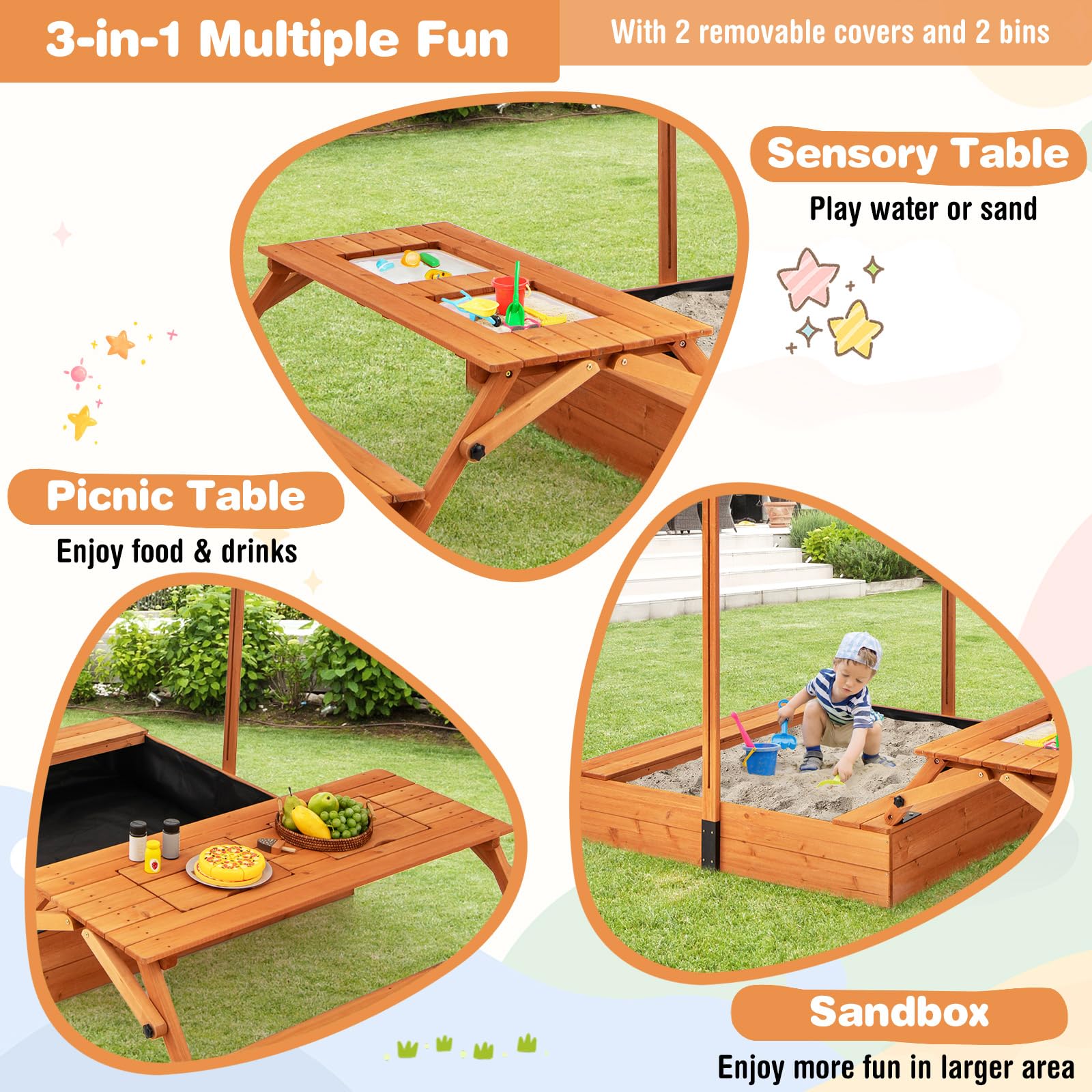 KOTEK Kids Sandbox with Lid, Wooden Sandpit w/Foldable Picnic Table & Bench, Adjustable Canopy & Bottom Liner, Outdoor Sand playset for Toddlers Age 3+, Covered Sand Boxes for Backyard Garden