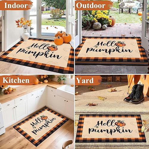 Miniatura 5 de HEBE - Tapete para puerta de otoño, 32 x 48 pulgadas, diseño de calabaza, antideslizante, a cuadros, para interiores y exteriores, otoño, cosecha,