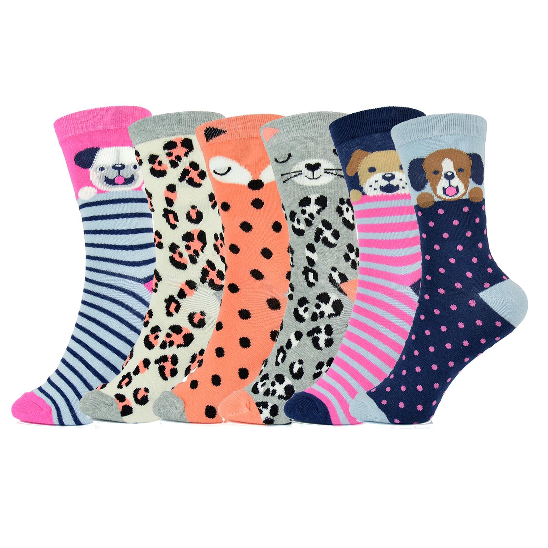 A2Z Ladies Leopard Dog Cat Design Mid Calf Socks Pack of 6 Cotton - Socks LDS AZ535 Assorted C 6 Pack 4-7
