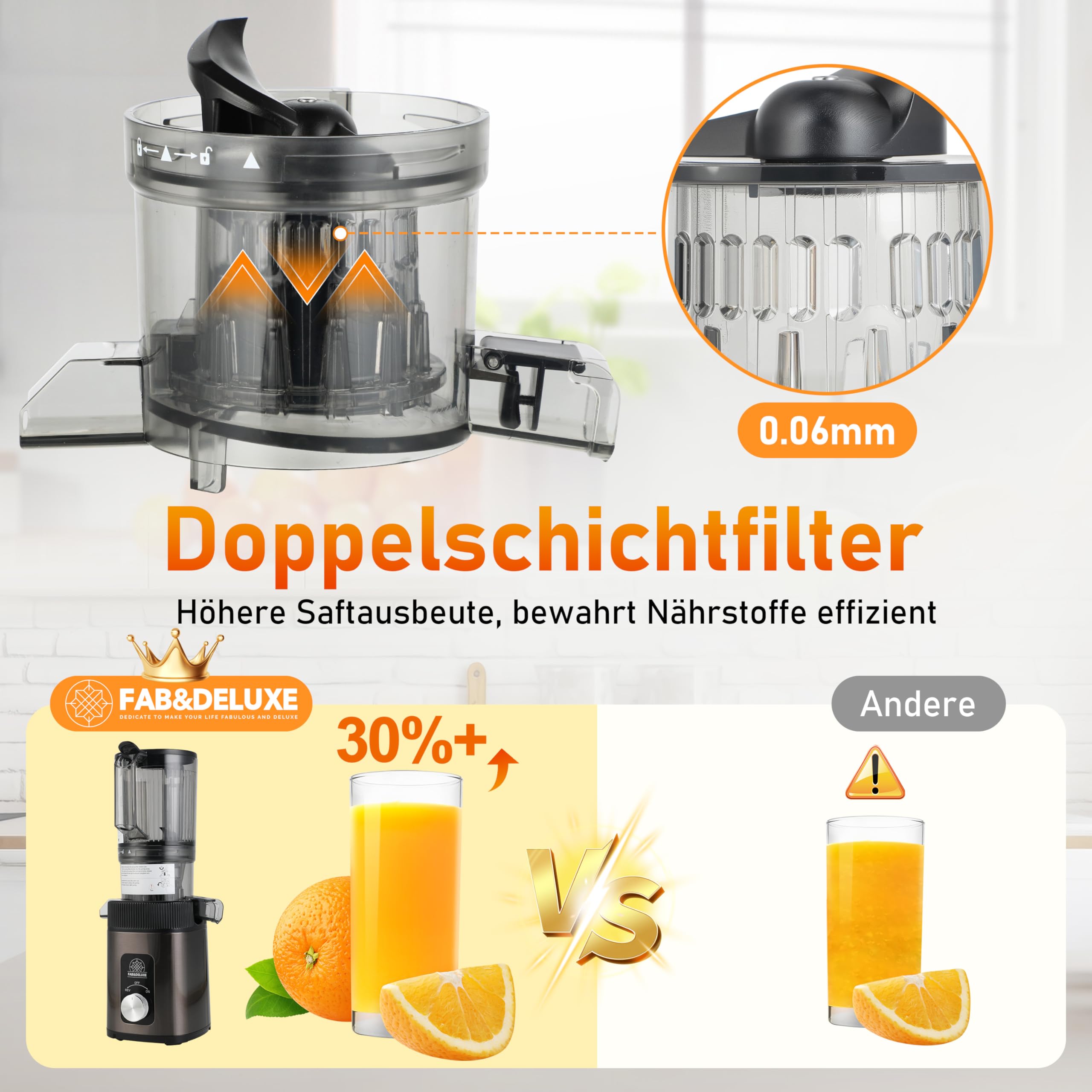 Kaltpresse, Entsafter, Entsafter mit 11,9 cm breitem Zuführungsschlauch, 99% hohe Leistung