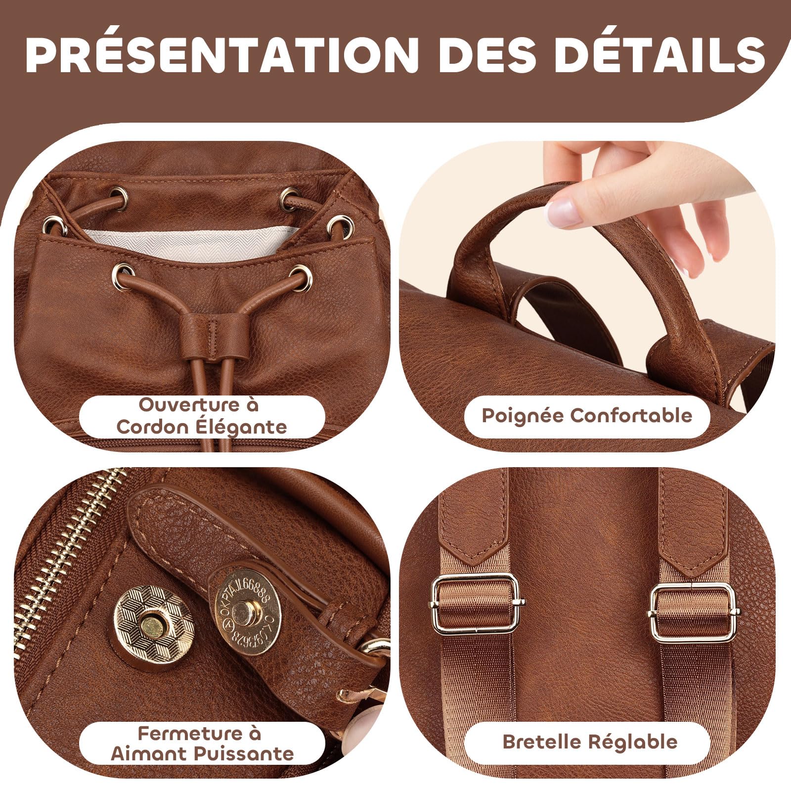 Leathario Petit Sac a Dos Femme, Sacs à Main Portés Dos Femme Antivol Léger Backpack Loisirs Casual en Cuir Vegan pour Voyage L'école Travail Université Collège Shopping