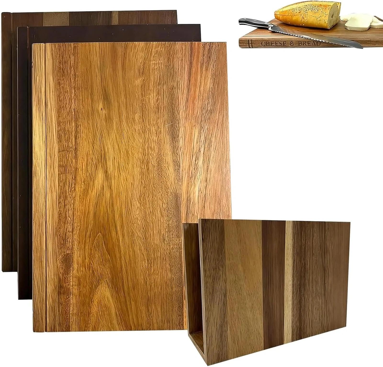 Schneidebrett-Set mit Ständer – Akazienholz-Schneidebretter für Küchendekoration, Charcuterie & Meal Prep | Einzigartiges Buchdesign, rutschfest & platzsparend | 3-teiliges Set