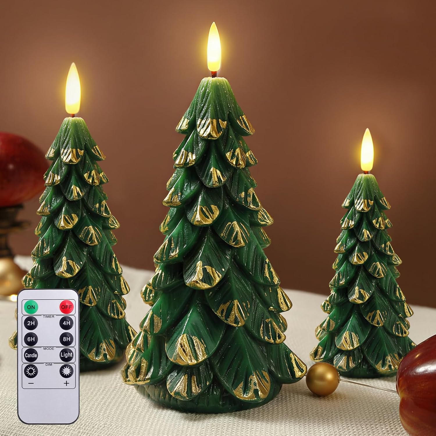 Verdenu 3 Pack Christmas Tree Candles with Remote Timer, Real Wax LED Christmas Tree Candle, Battery Operated Flickering Flameless Candles, for Christmas Holiday Decoration