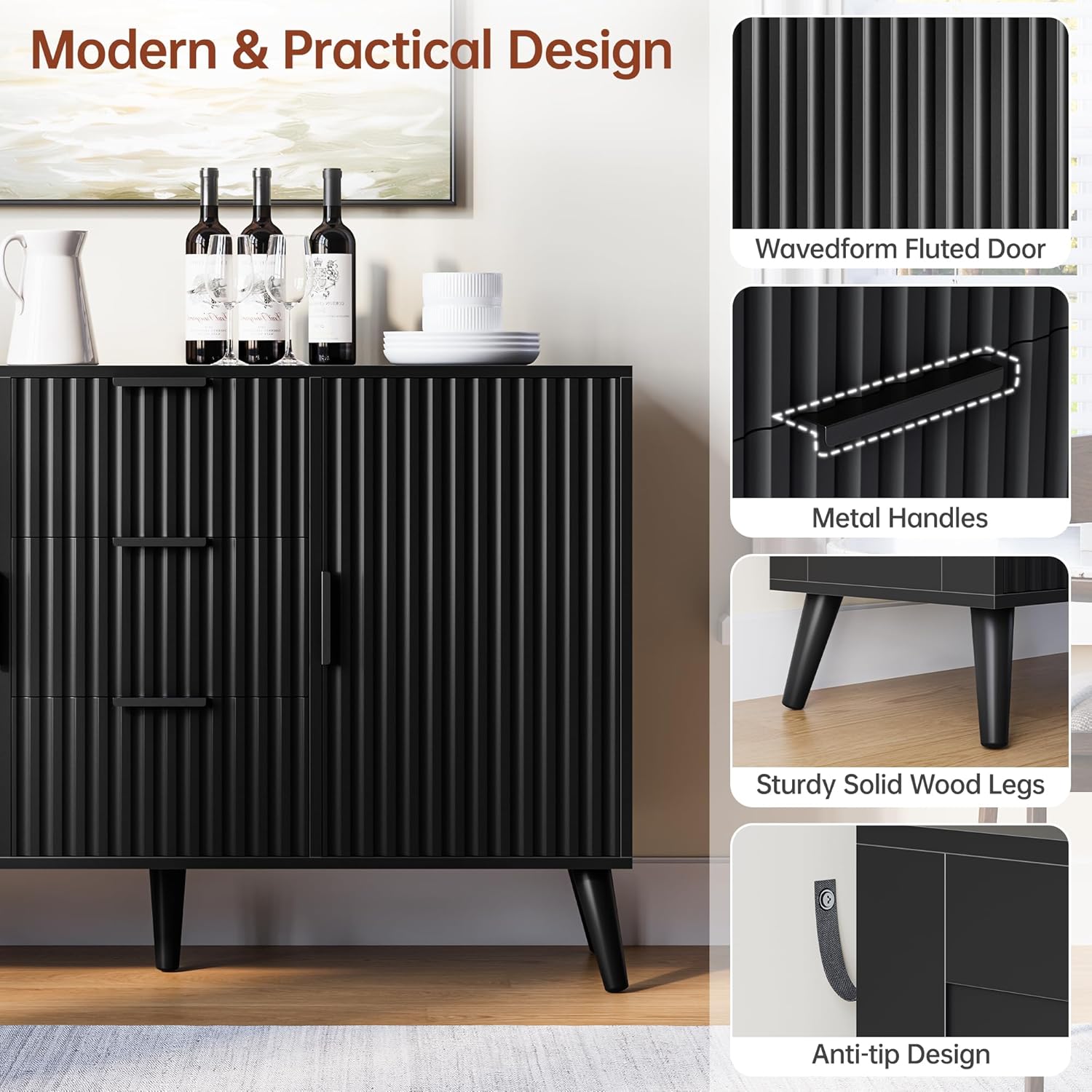 47.2" Fluted Sideboard Buffet Cabinet with 3 Drawers, Black Modern Buffet Cabinet with Storage, Large Storage Cabinets with 2 Doors Accent Credenza for Kitchen, Living Room, Entryway