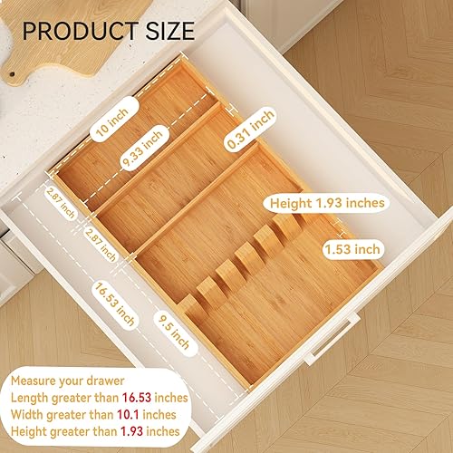 Miniatura 7 de Yofidra Organizador de cubiertos de bambú, 16.53 x 10.3 x 1.96 pulgadas, organizador de cajones de utensilios de cocina, bandeja de cubiertos para