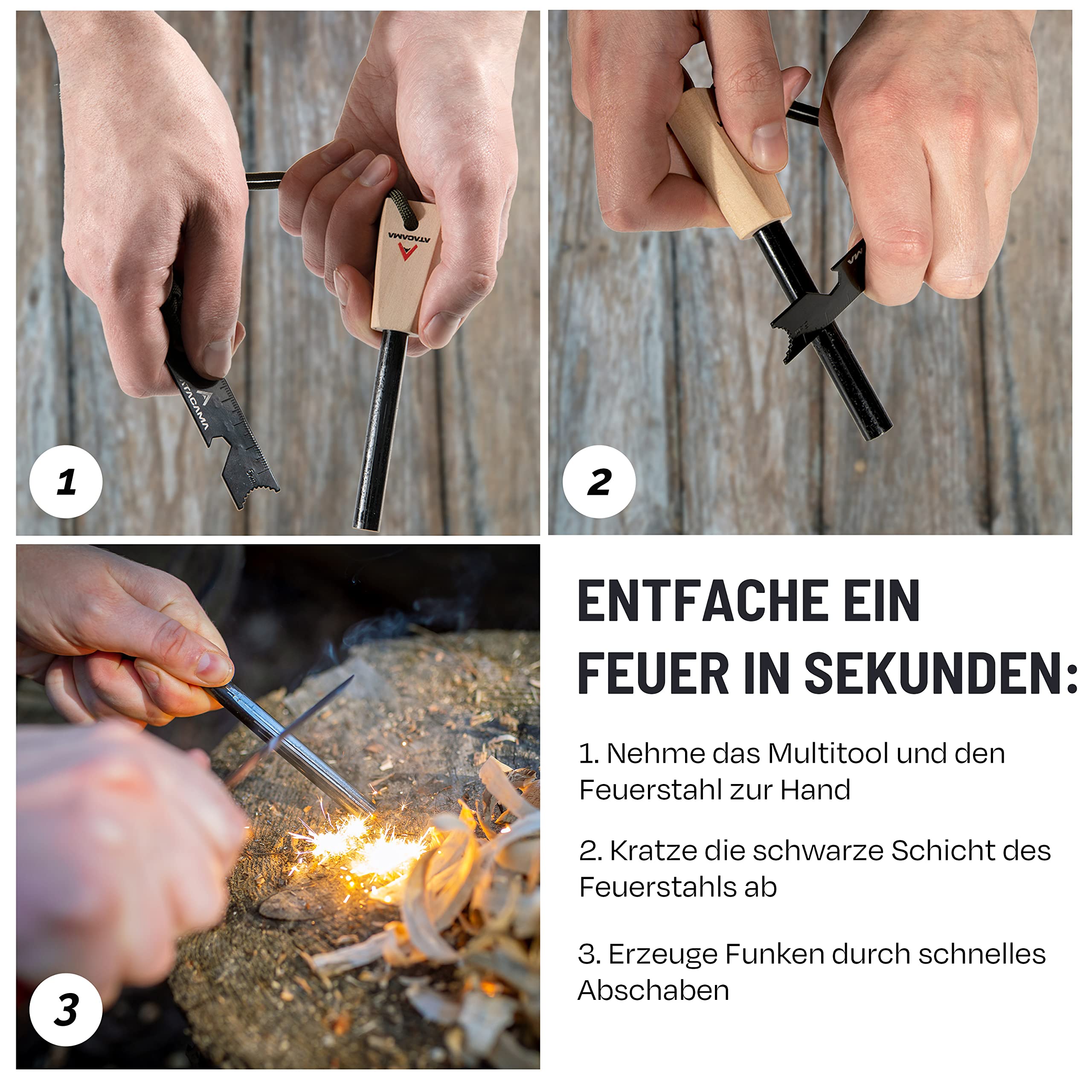 Atacama Krzesiwo survivalowe zestaw z narzędziem wielofunkcyjnym, krzesiwo Kienspan Tinder, dmuchawka i krzesiwo - wyposażenie outdoorowe i wyposażenie bushcraft - Firestarter - wieczna zapałka