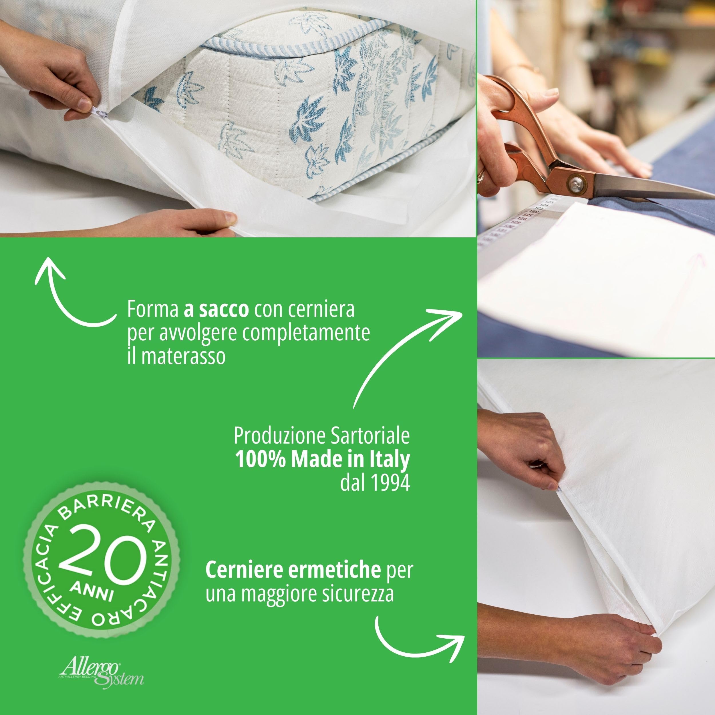 Allergosystem Set Coprimaterasso Antiacaro Singolo Cotone con Cerniera 90x200cm e Copriscuscino Letto 50x80cm - Dispositivo Medico Antiacaro e Anallergico MADE IN ITALY - Linea Cotone | Copriscuscino 50x80cm, Dispositivo Medico, Anallergico, Made in Italy
