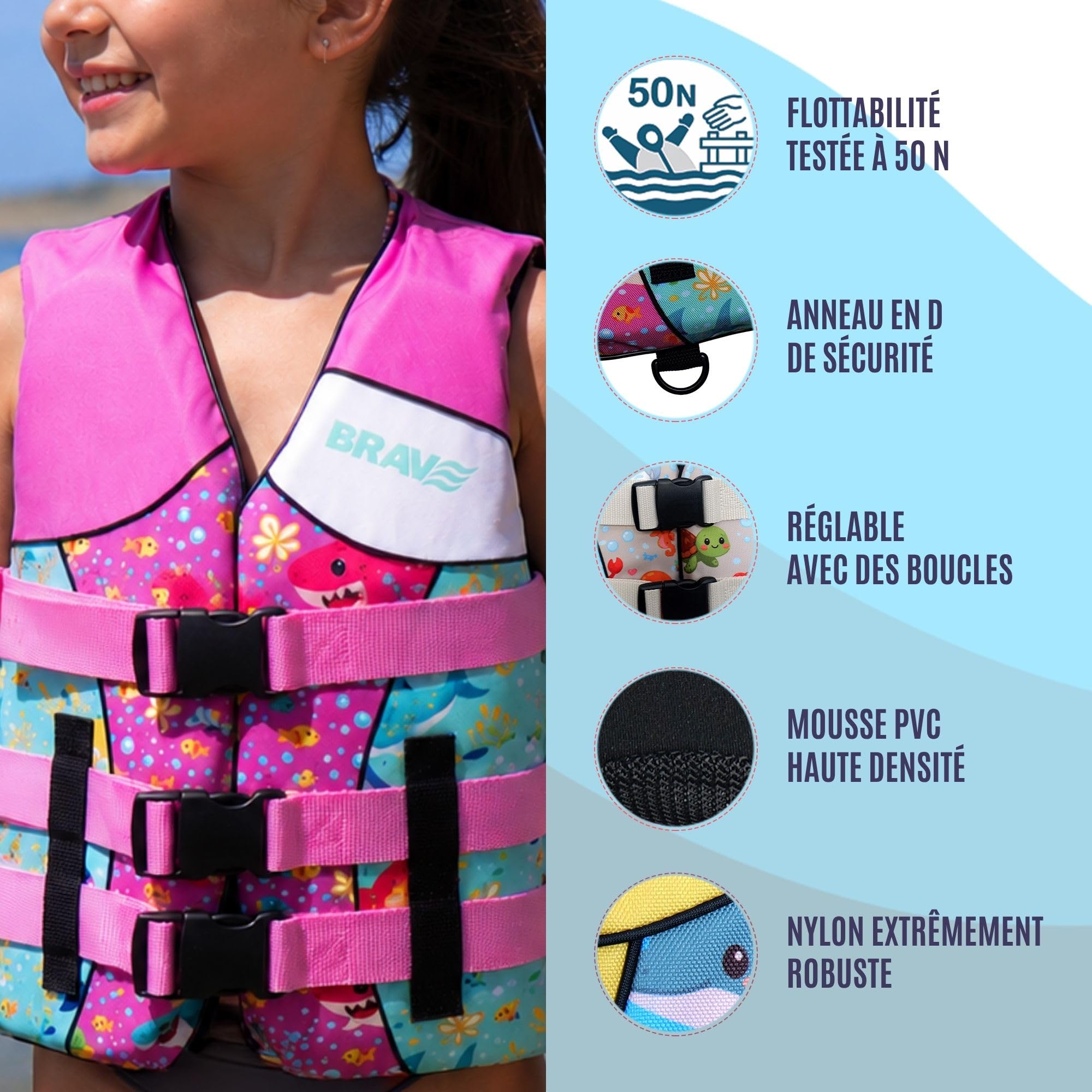 Gilet d'aide à la Flottabilité Enfant 50N Certifié – Flotteur Enfant pour Plage, Piscine, Kayak, Paddle Surf et Bateau – Nylon + Mousse PVC – 3 Sangles Réglables