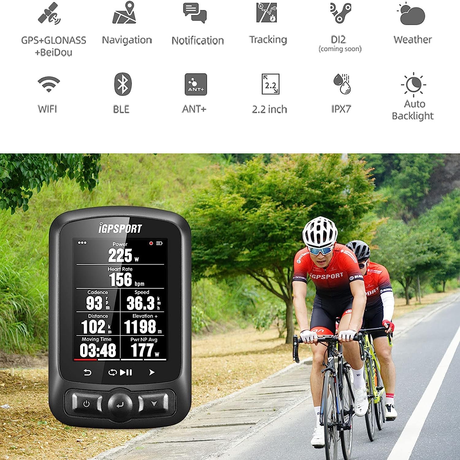 Velocímetro Smart GPS Bike Computer Ciclismo Navegación, Velocímetro de Bicicleta de montaña de Carretera, Odómetro, Pantalla LCD a Color a Prueba de Agua Odómetro