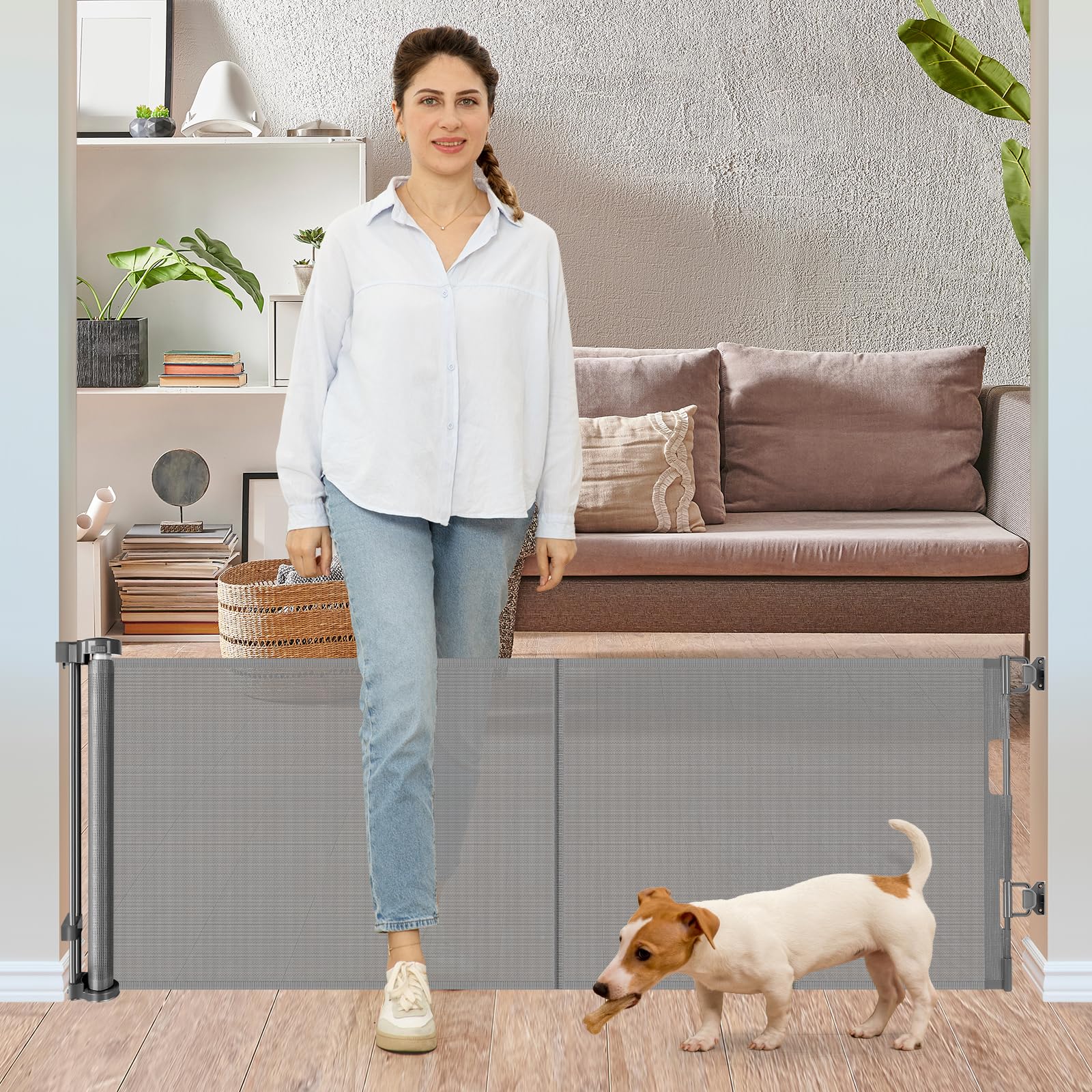 Photo 1 of 24 Inches Tall Retractable Baby gate for Dogs, Short Pet Gates to Step Over, Extends up to 55" Wide, Reinforced Mesh Doggie Gates for Indoors Outdoors Small Dog Gate for Stairs Puppy Gate (Grey)